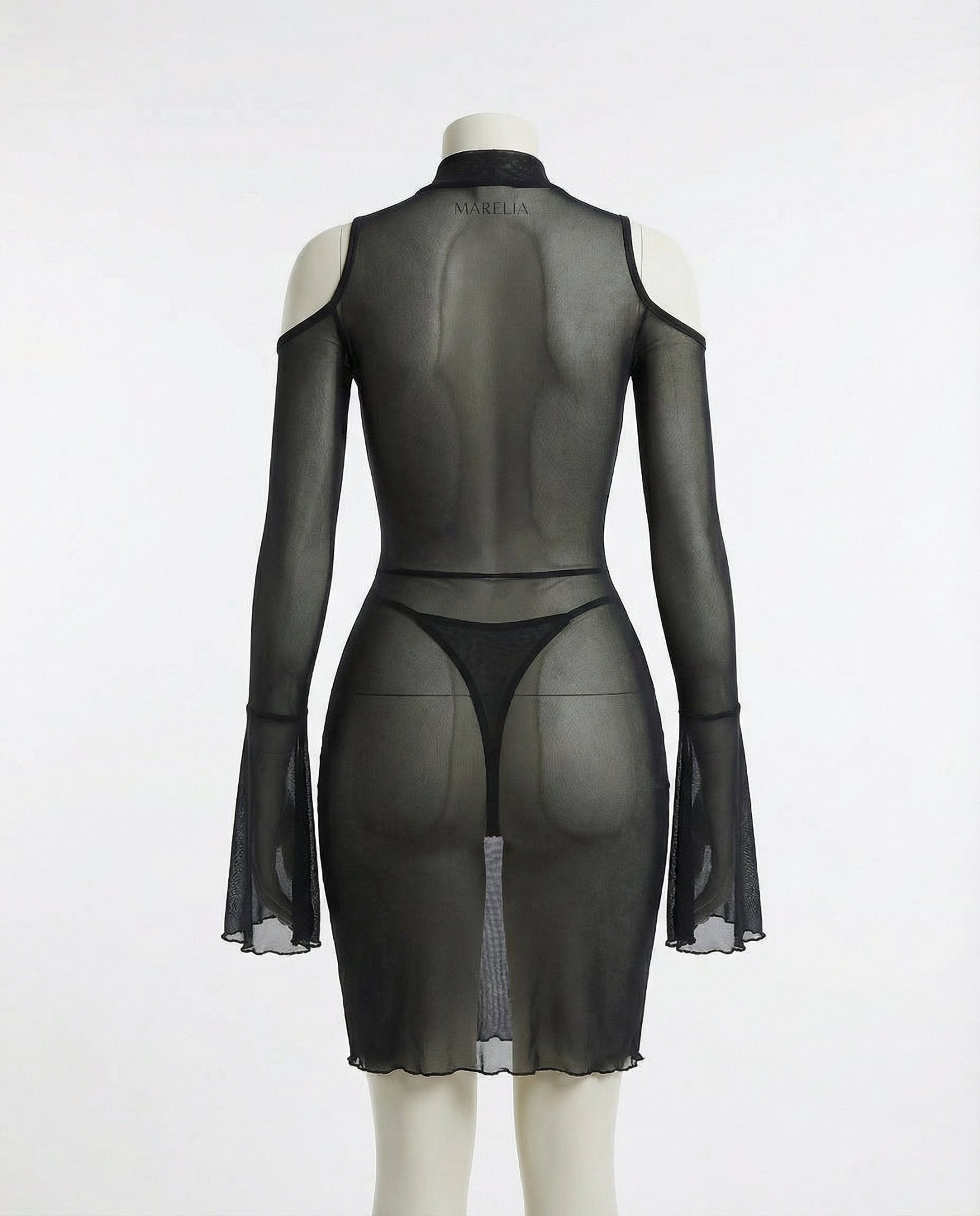 Black Sheer Mesh Cold Shoulder Mini Dress - Marelia