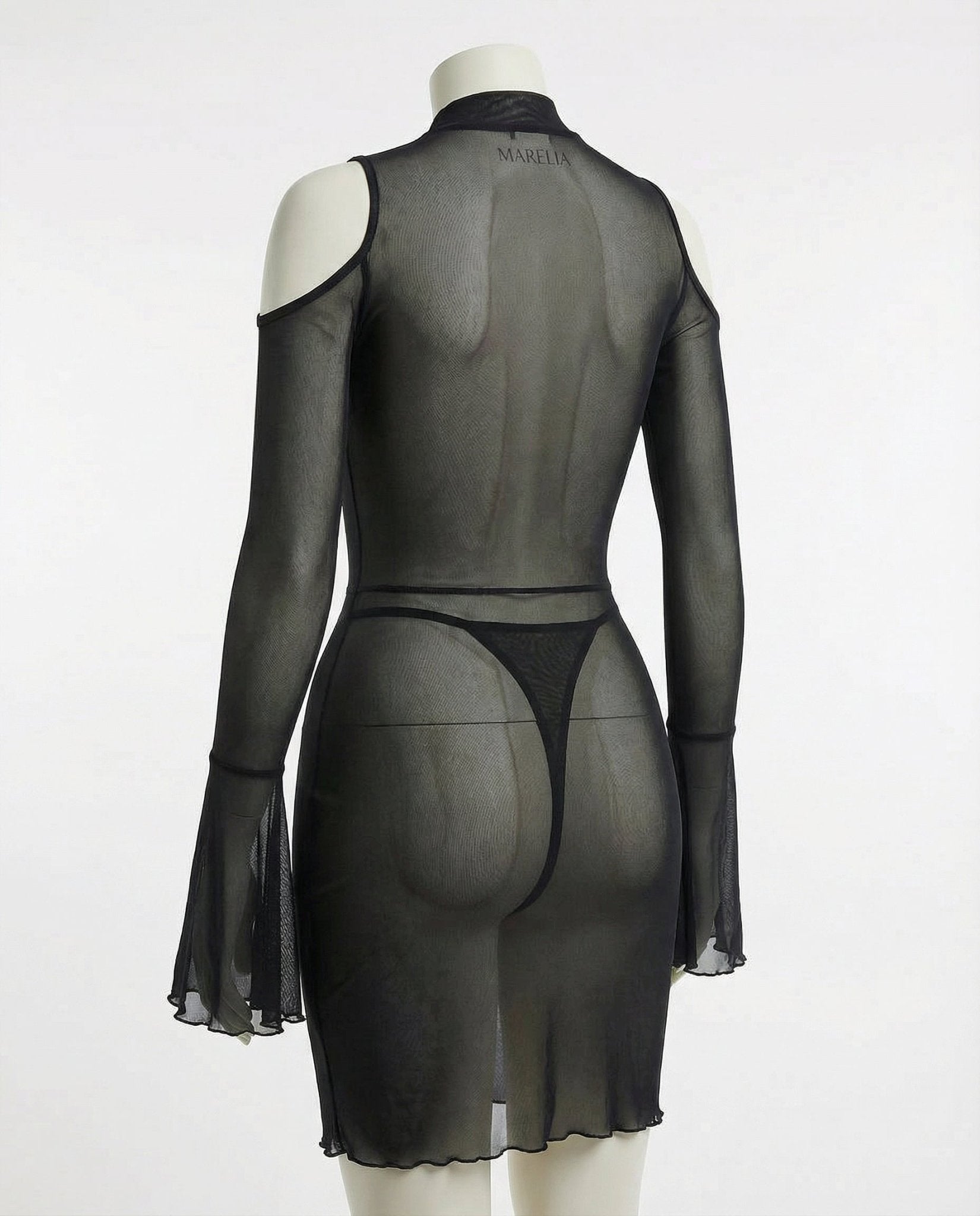 Black Sheer Mesh Cold Shoulder Mini Dress - Marelia