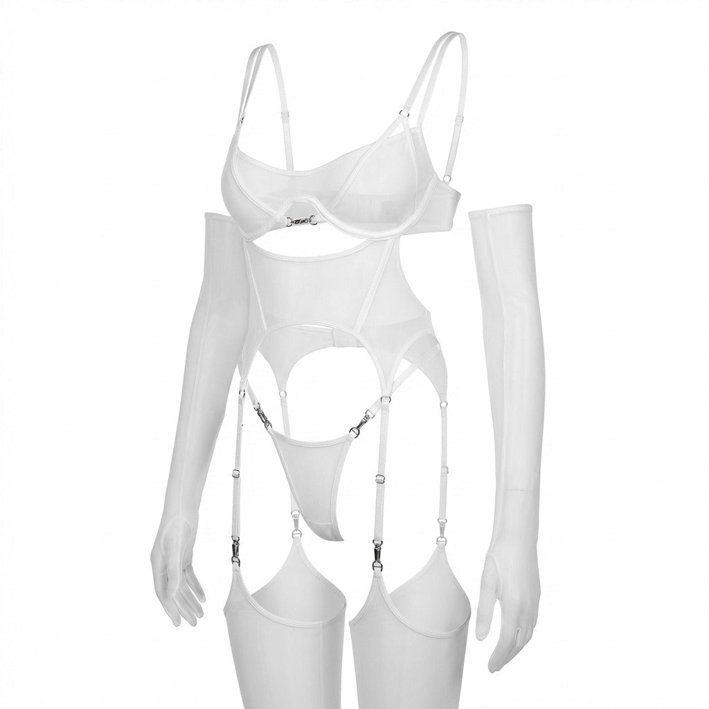white sheer mesh corset bodysuit ghost mannequin