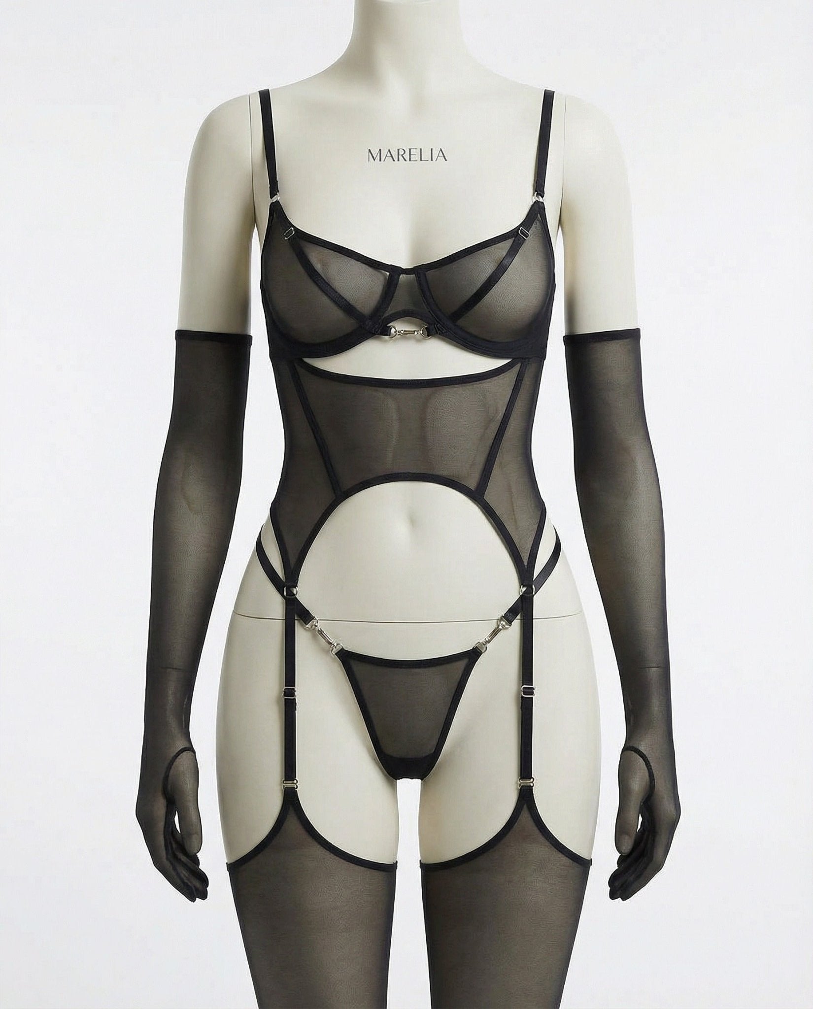 sheer mesh corset bodysuit front close-up