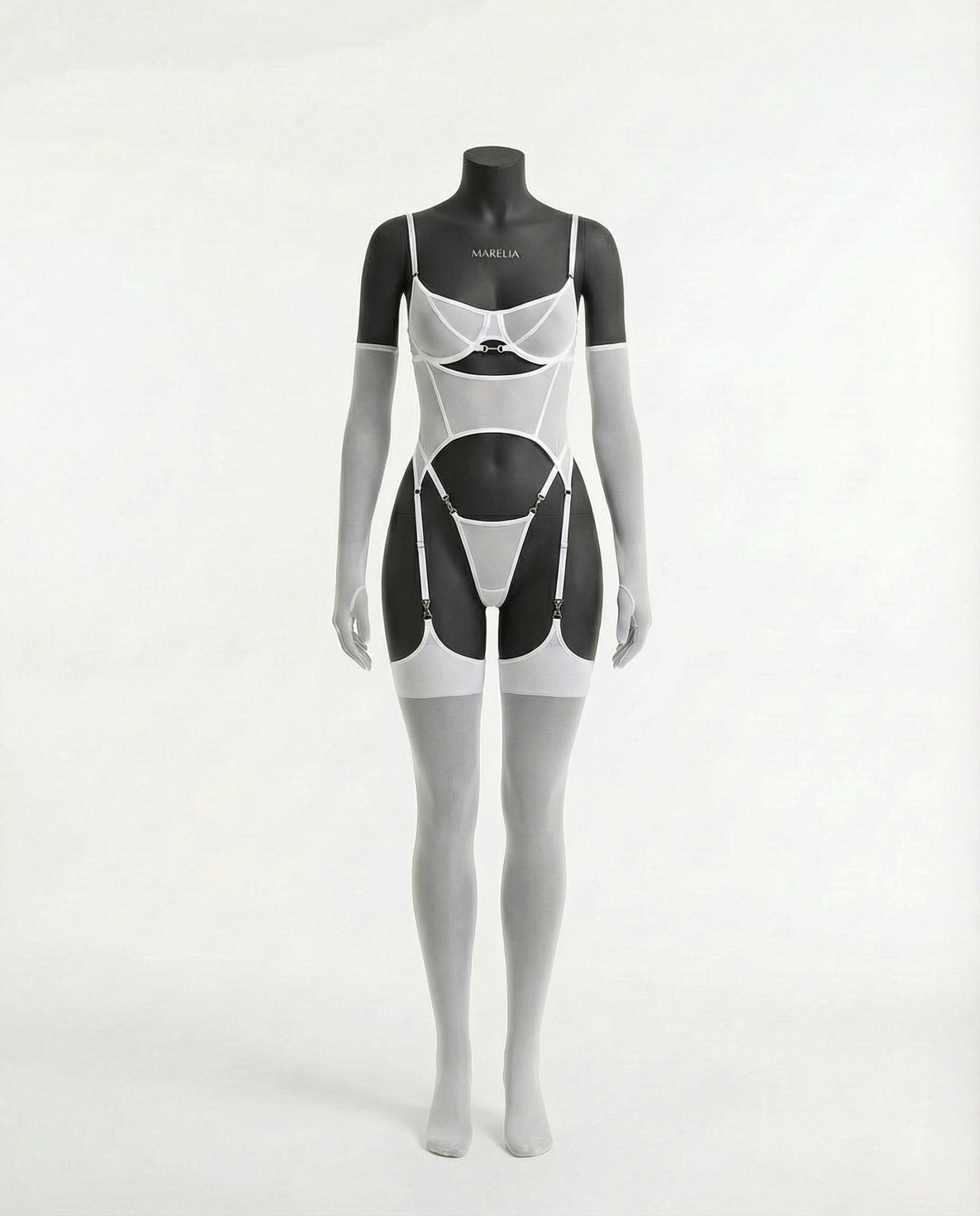 white sheer mesh corset bodysuit front close-up
