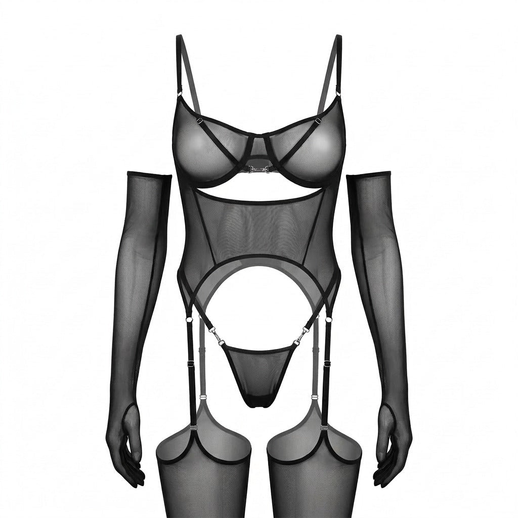 black sheer mesh corset bodysuit product view 2