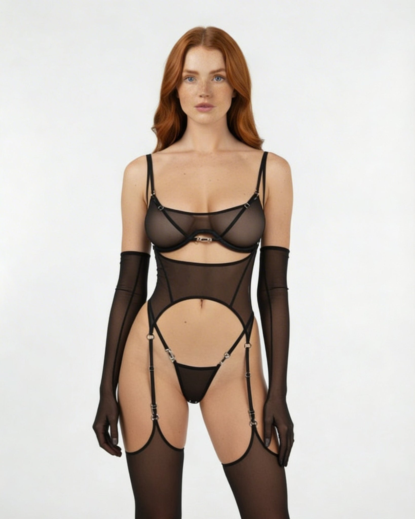 Black Sheer Mesh Corset Bodysuit With Opera Gloves - MARELIA