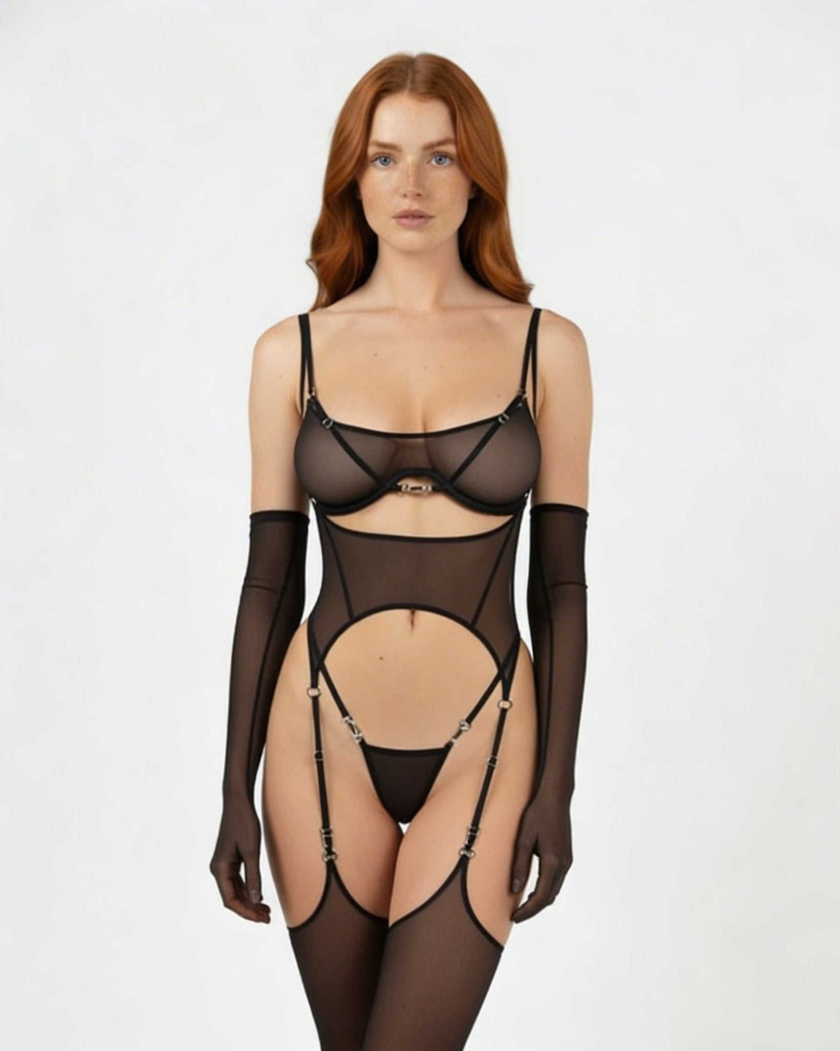 Black Sheer Mesh Corset Bodysuit With Opera Gloves - MARELIA