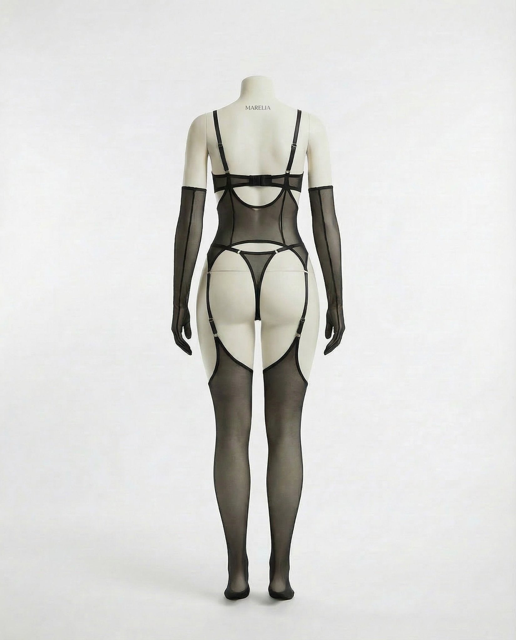 black sheer mesh corset bodysuit product view 3