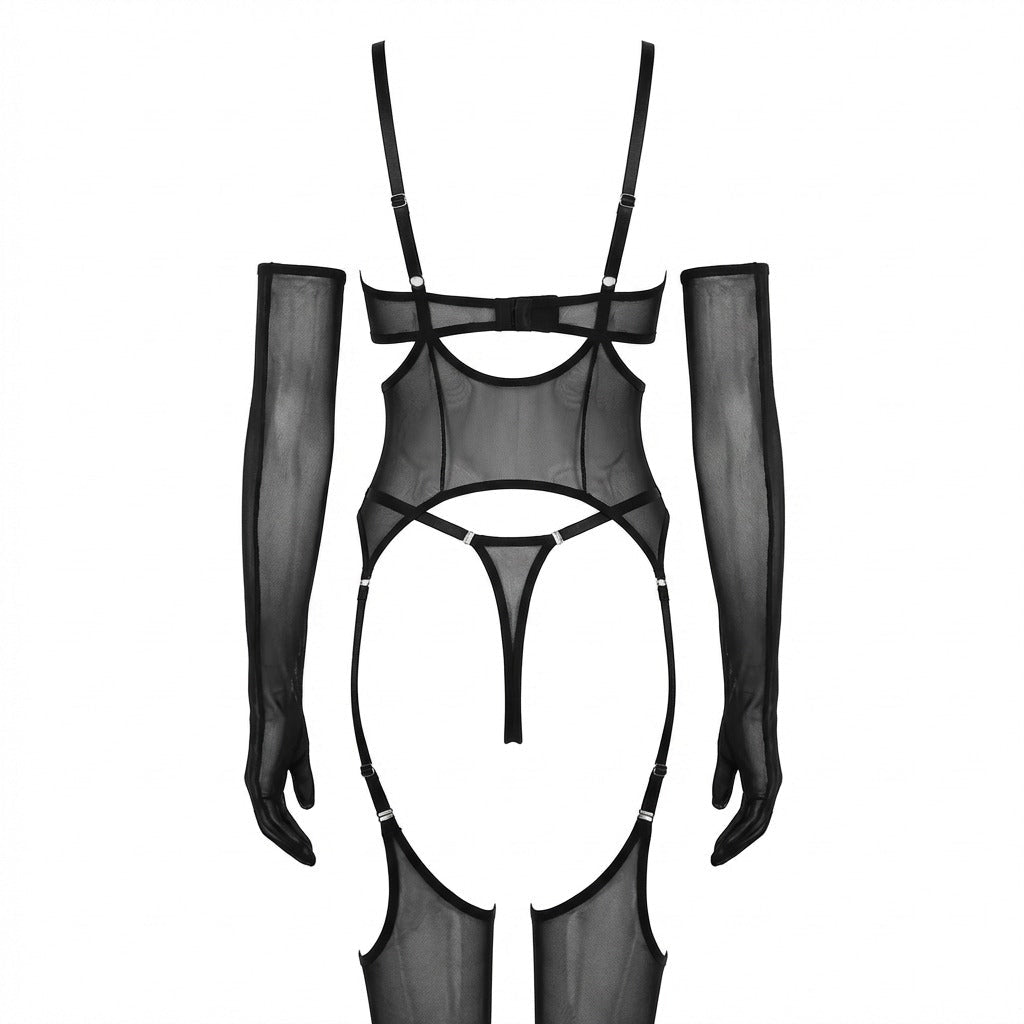 black sheer mesh corset bodysuit ghost mannequin