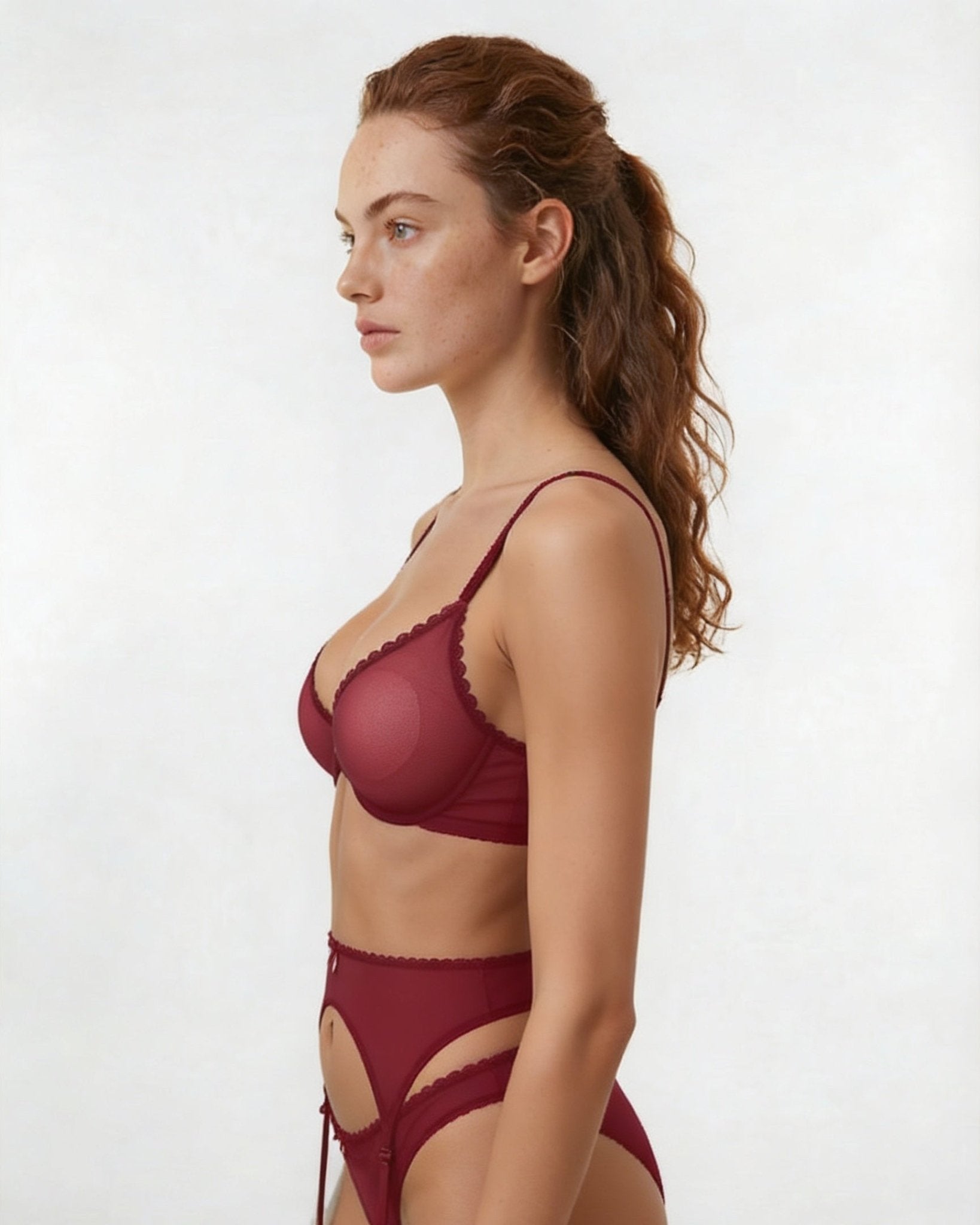 Burgundy Sheer Mesh Four Piece Lingerie Set - MARELIA