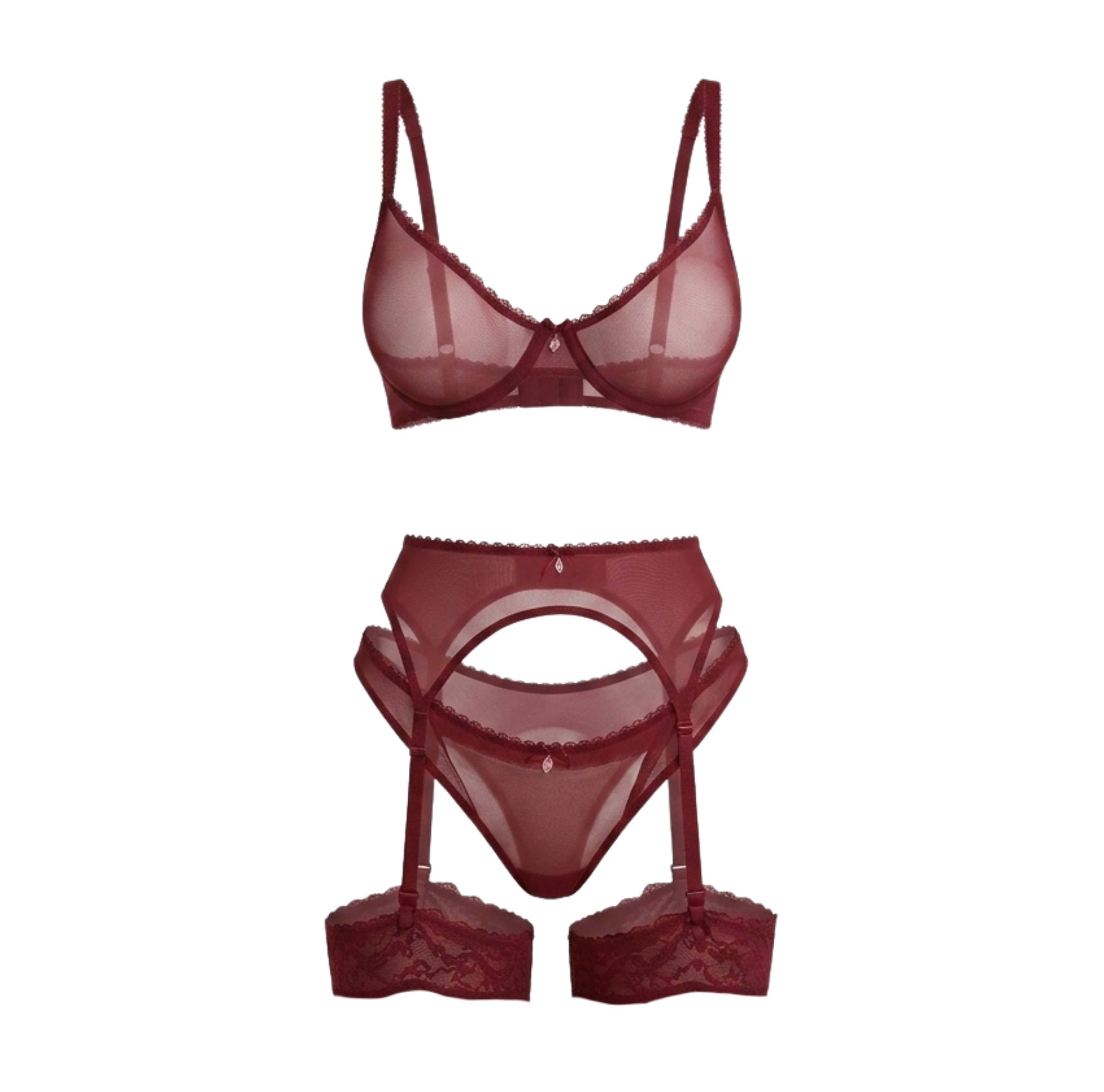 Burgundy Sheer Mesh Four Piece Lingerie Set - MARELIA