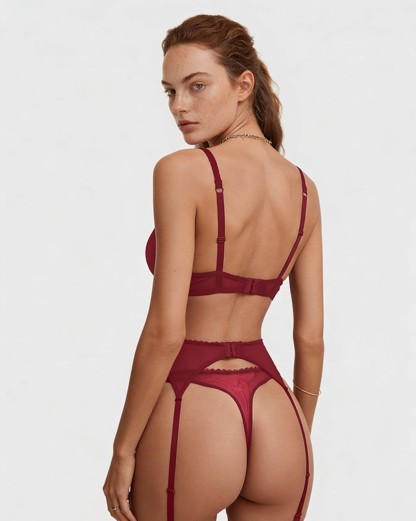 Burgundy Sheer Mesh Four Piece Lingerie Set - MARELIA
