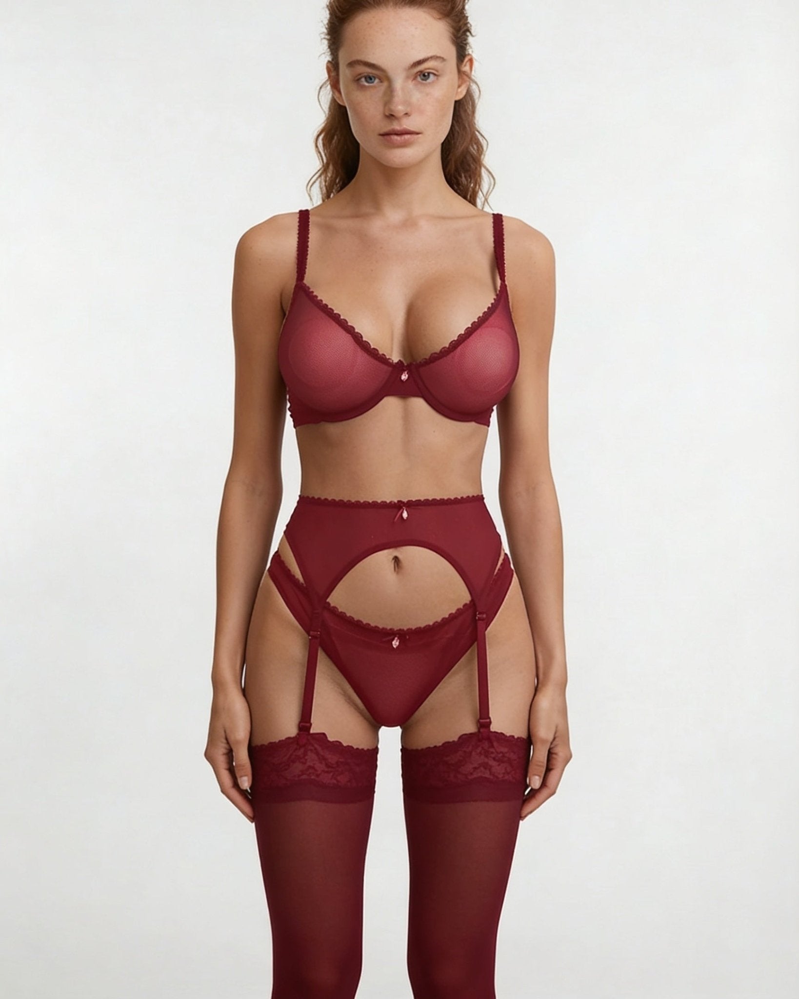 Burgundy Sheer Mesh Four Piece Lingerie Set - MARELIA