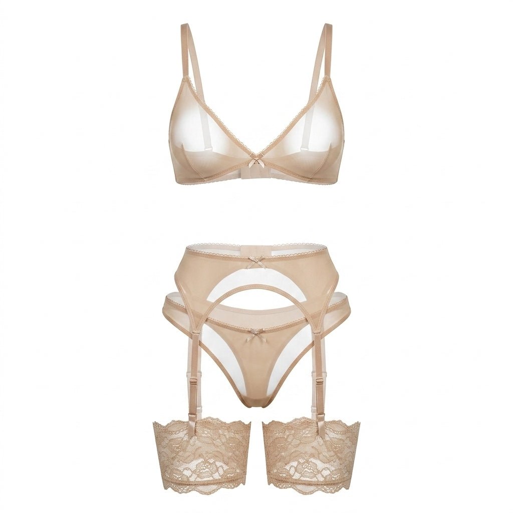Nude Sheer Mesh Four Piece Lingerie Set - MARELIA