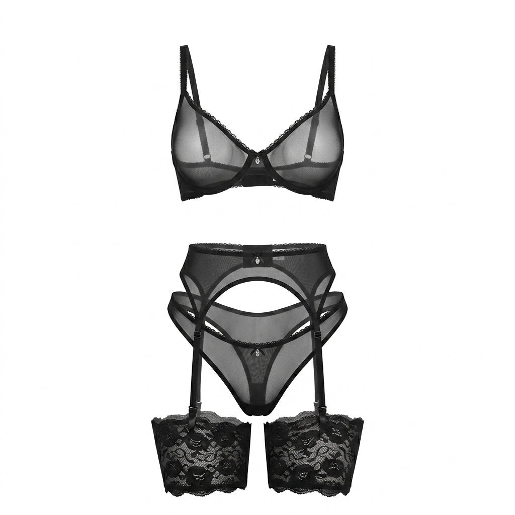 Black Sheer Mesh Four Piece Lingerie Set - MARELIA