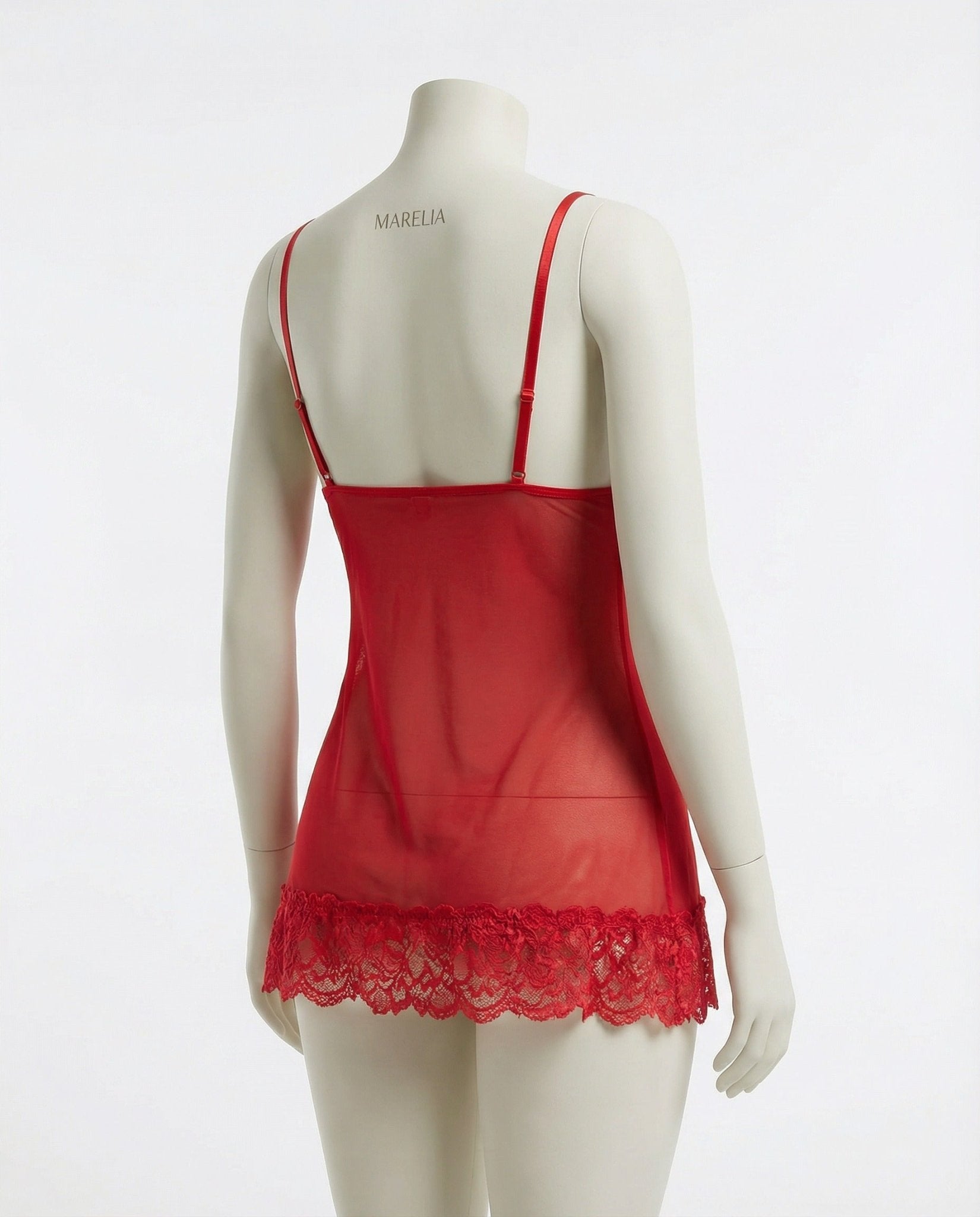 Red Sheer Mesh Lace Chemise With G-String - MARELIA