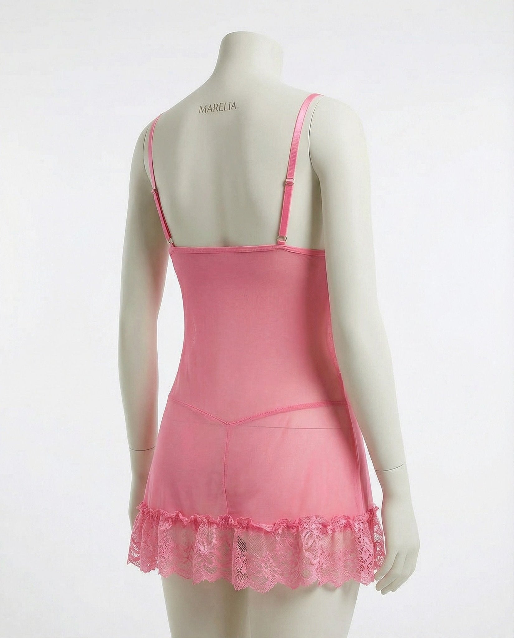 Pink Sheer Mesh Lace Chemise With G-String - MARELIA
