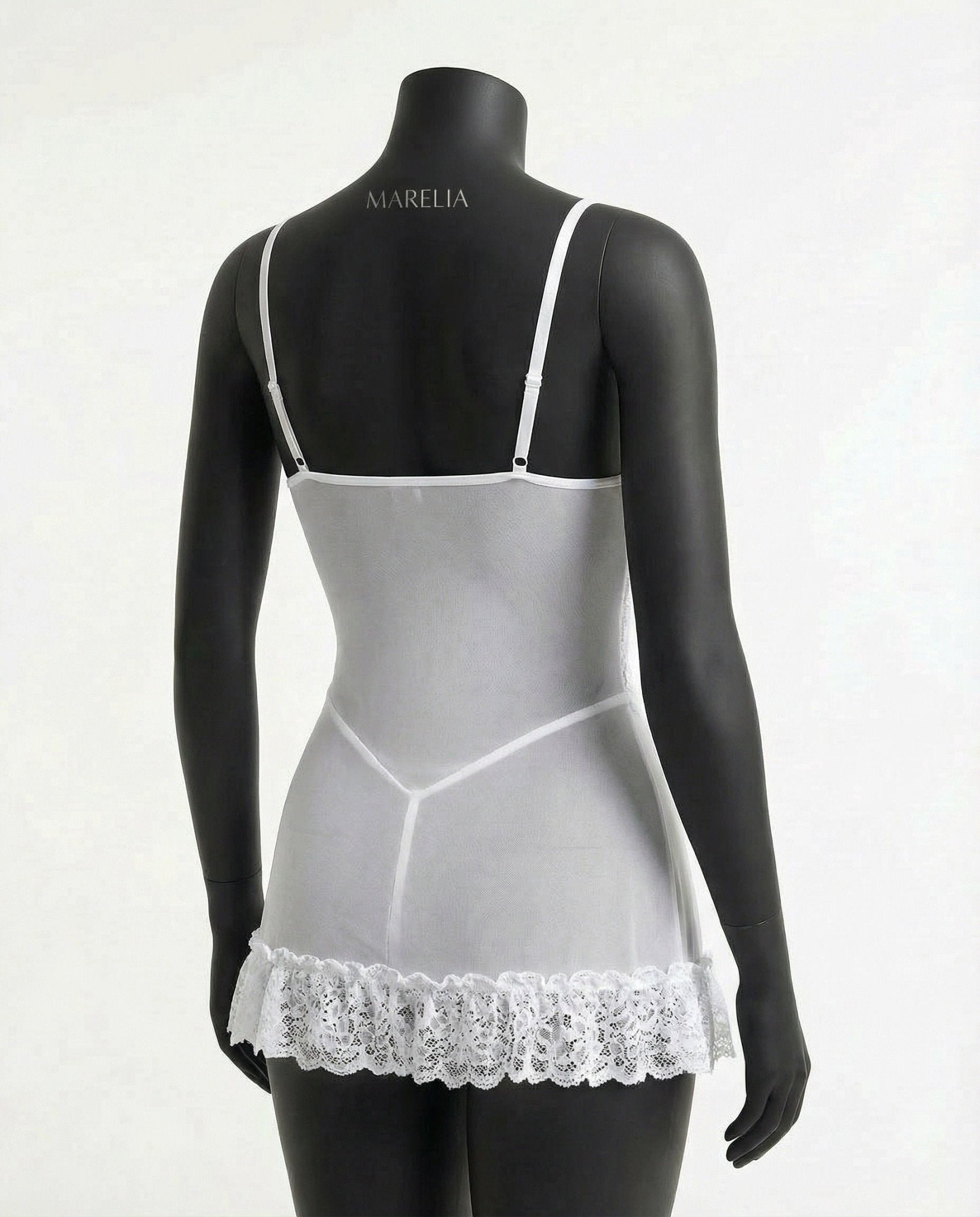 White Sheer Mesh Lace Chemise With G-String - MARELIA