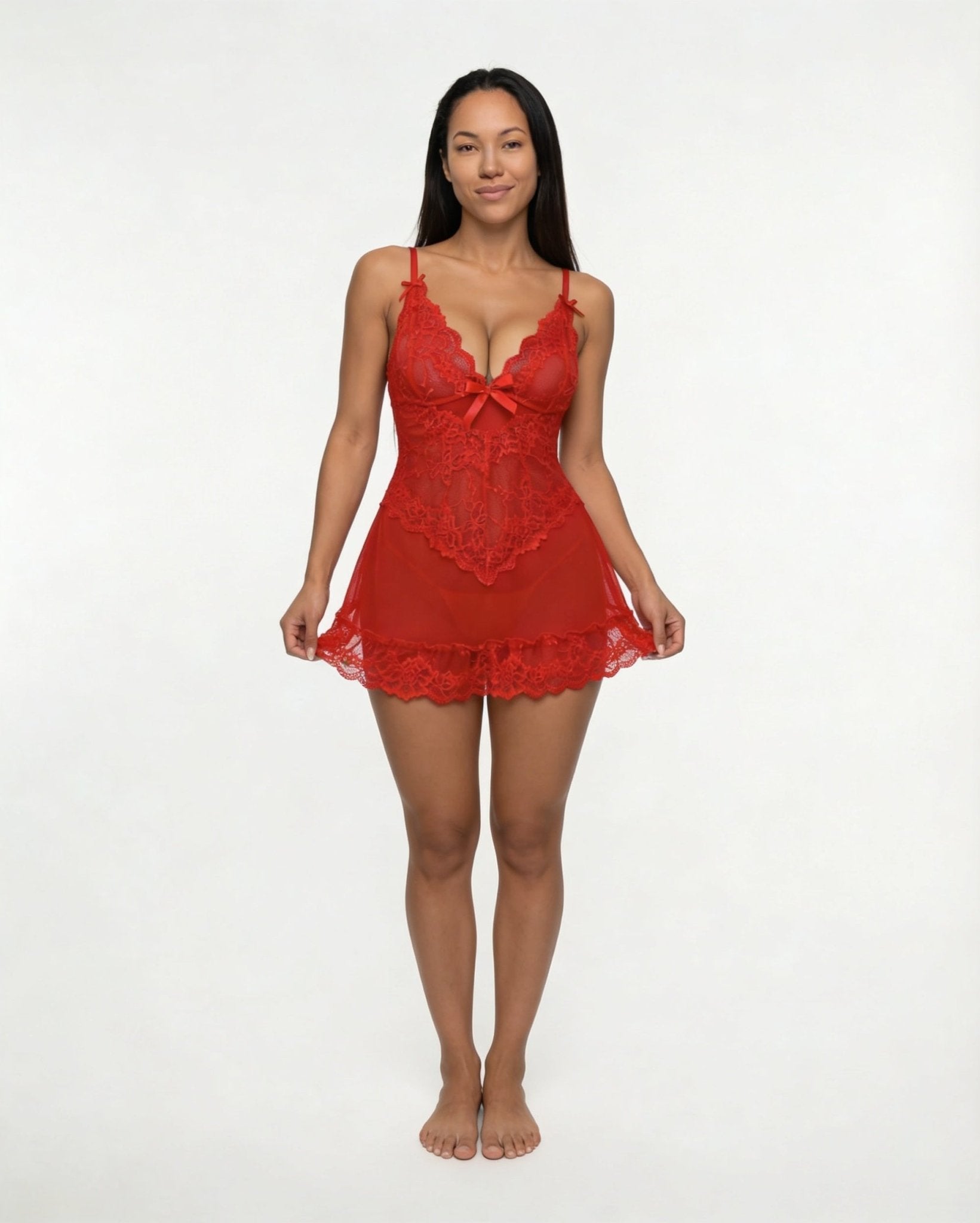 Red Sheer Mesh Lace Chemise With G-String - MARELIA