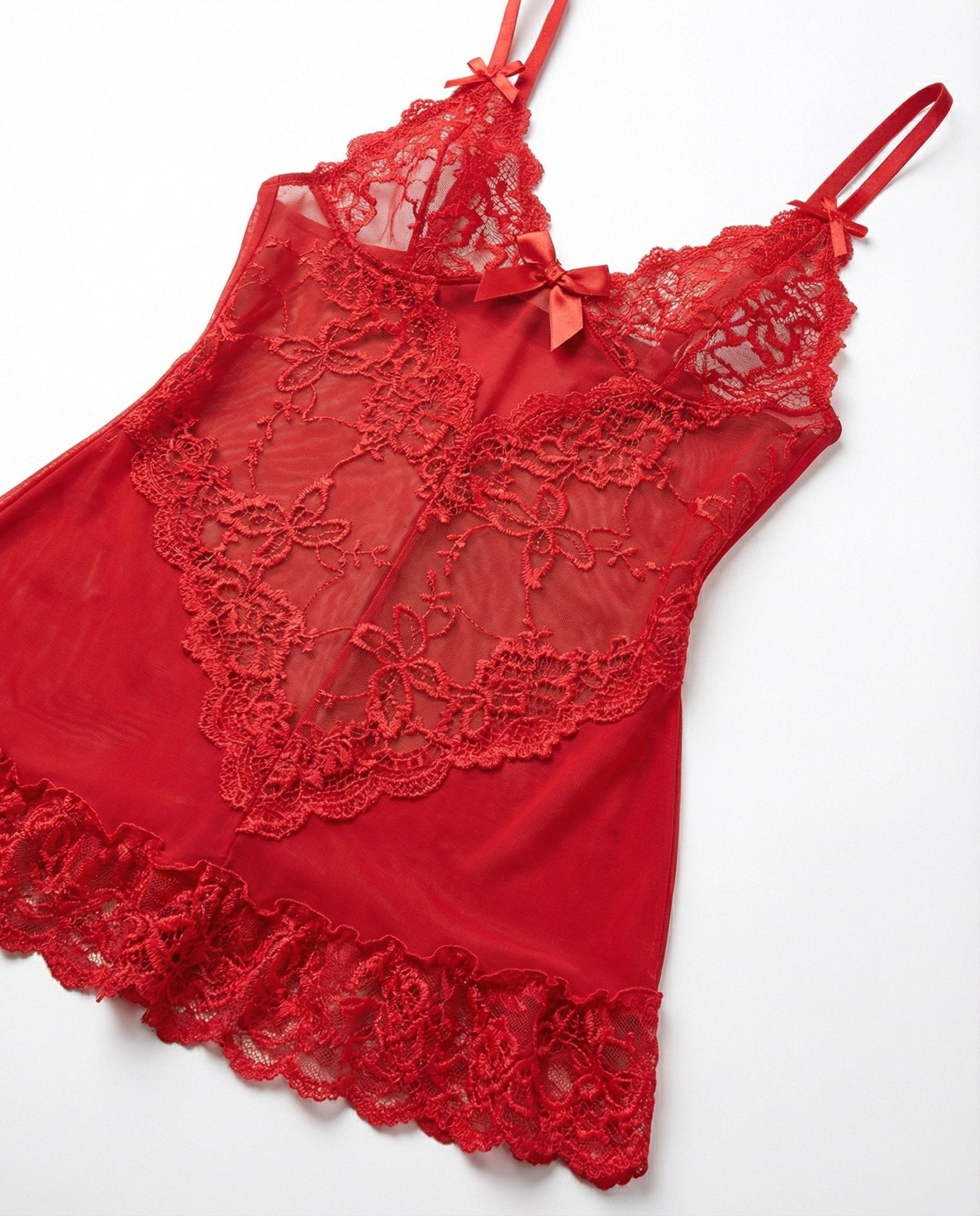 Red Sheer Mesh Lace Chemise With G-String - MARELIA