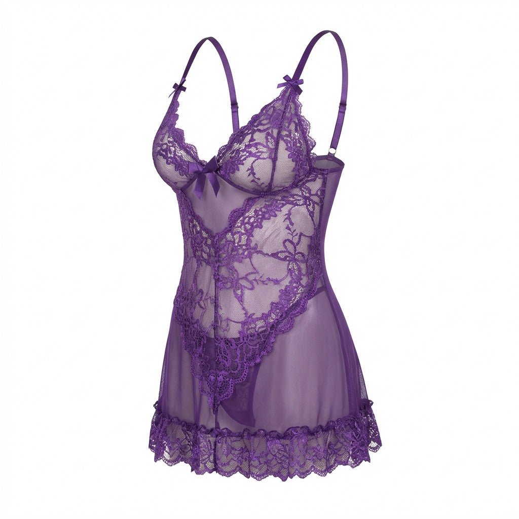 Purple Sheer Mesh Lace Chemise With G-String - MARELIA