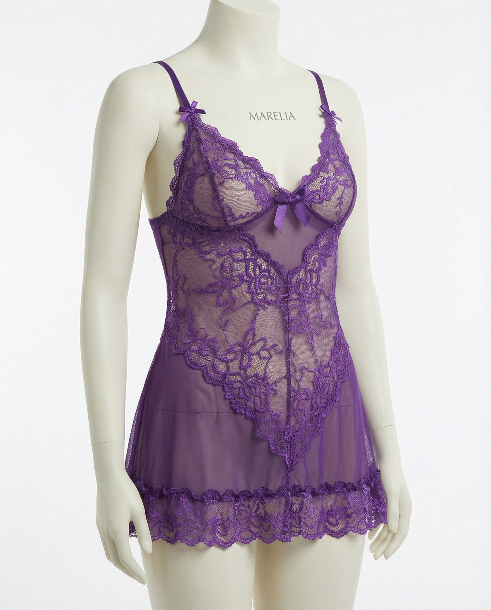 Purple Sheer Mesh Lace Chemise With G-String - MARELIA