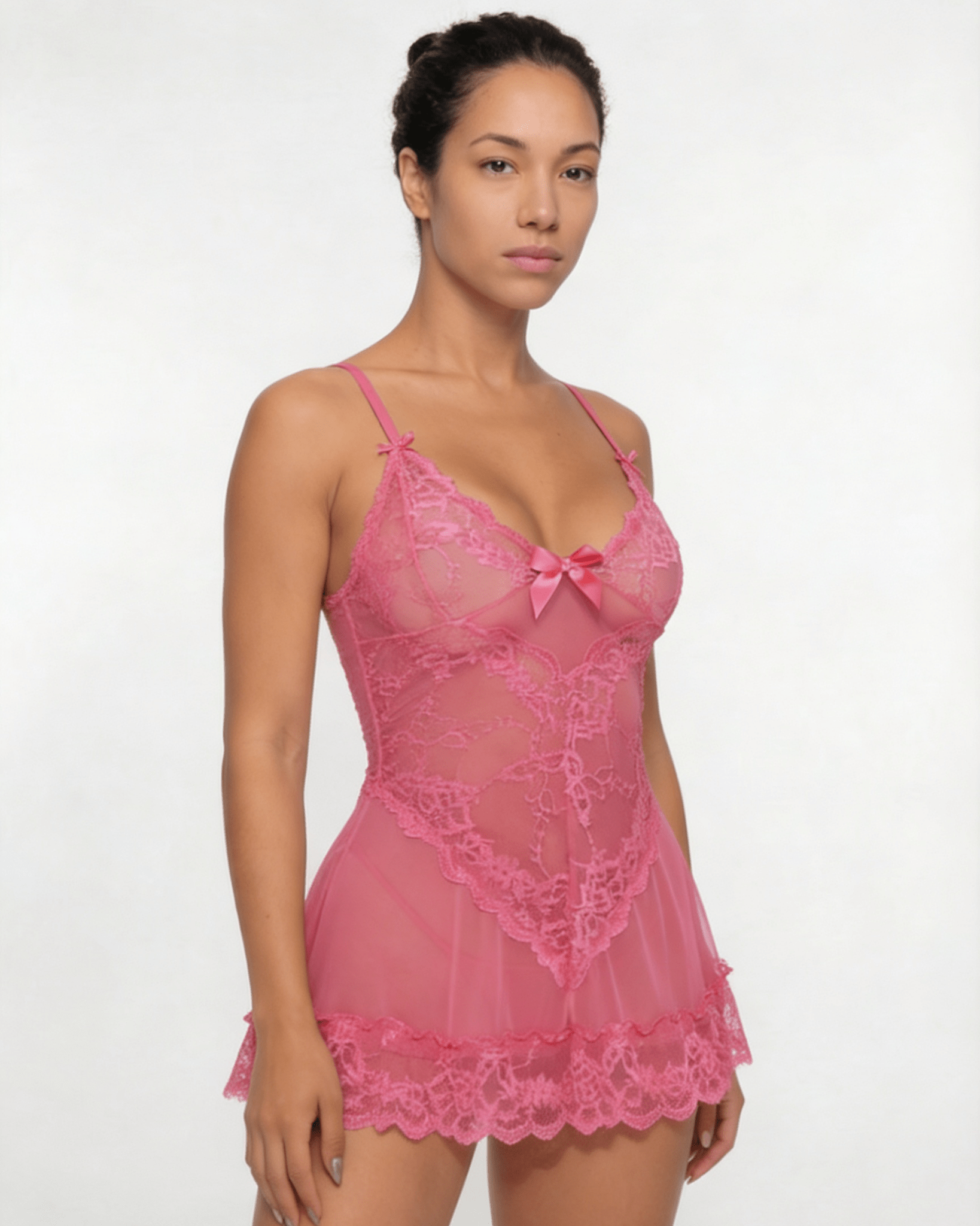 Pink Sheer Mesh Lace Chemise With G-String - MARELIA