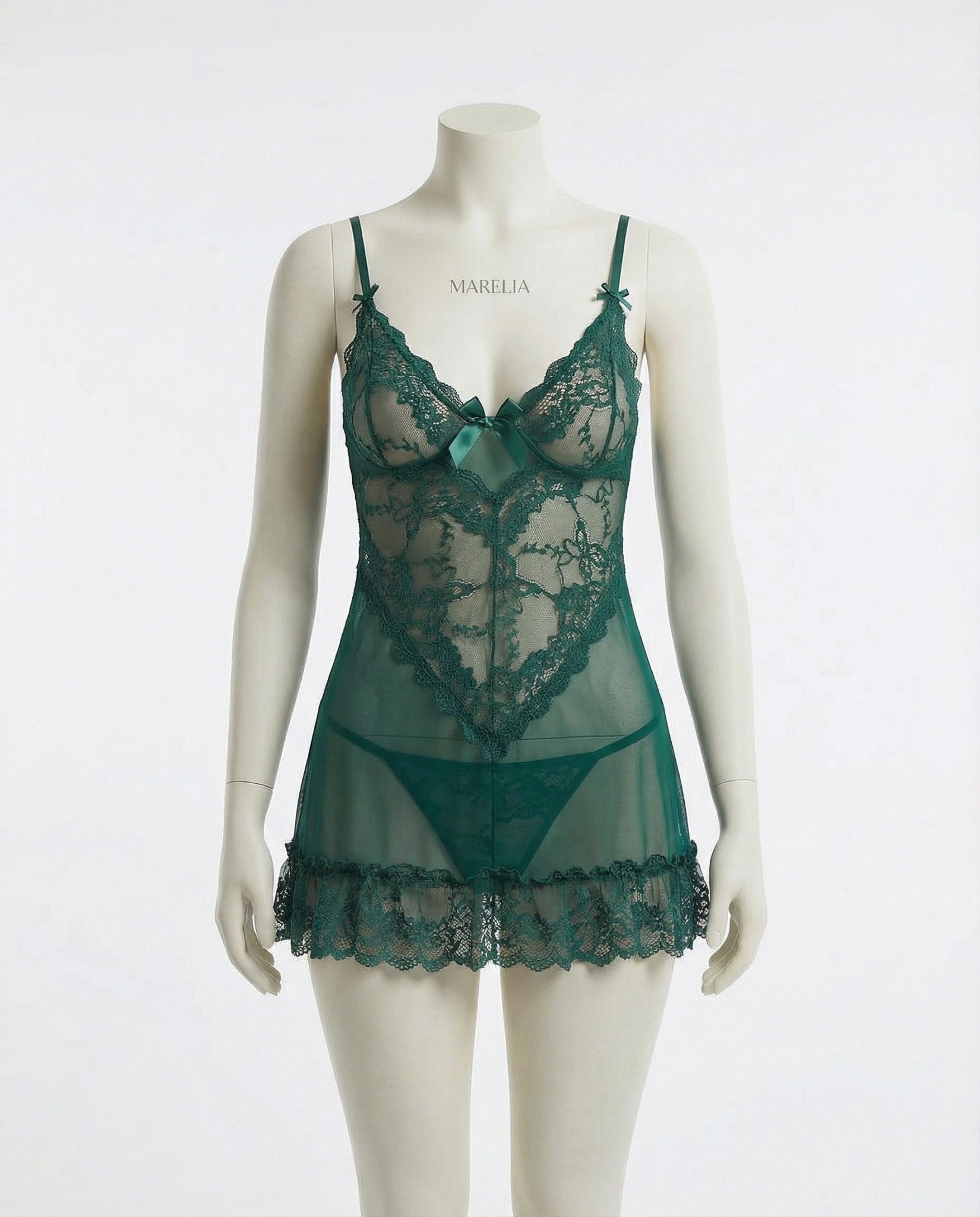 Green Sheer Mesh Lace Chemise With G-String - MARELIA