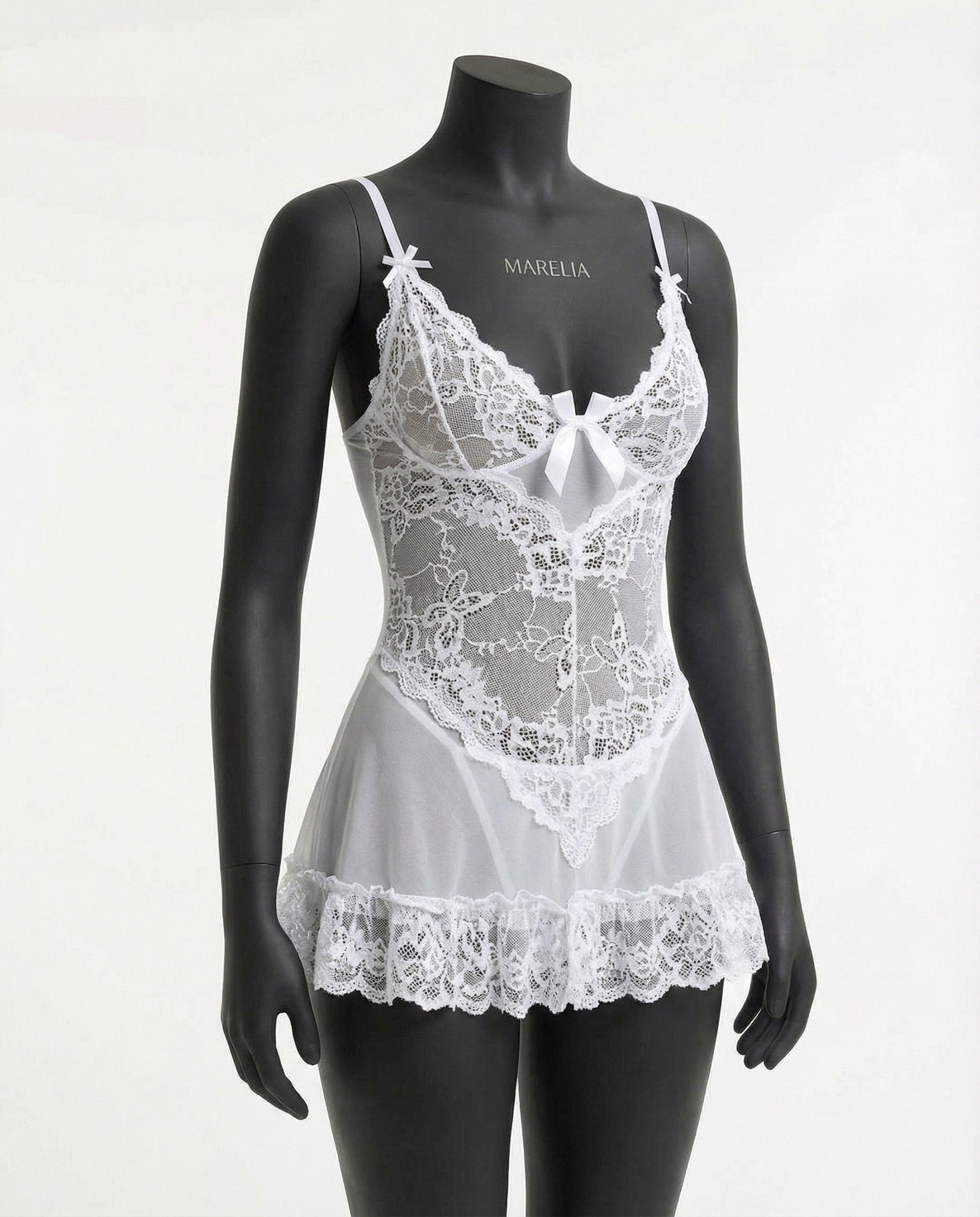 White Sheer Mesh Lace Chemise With G-String - MARELIA
