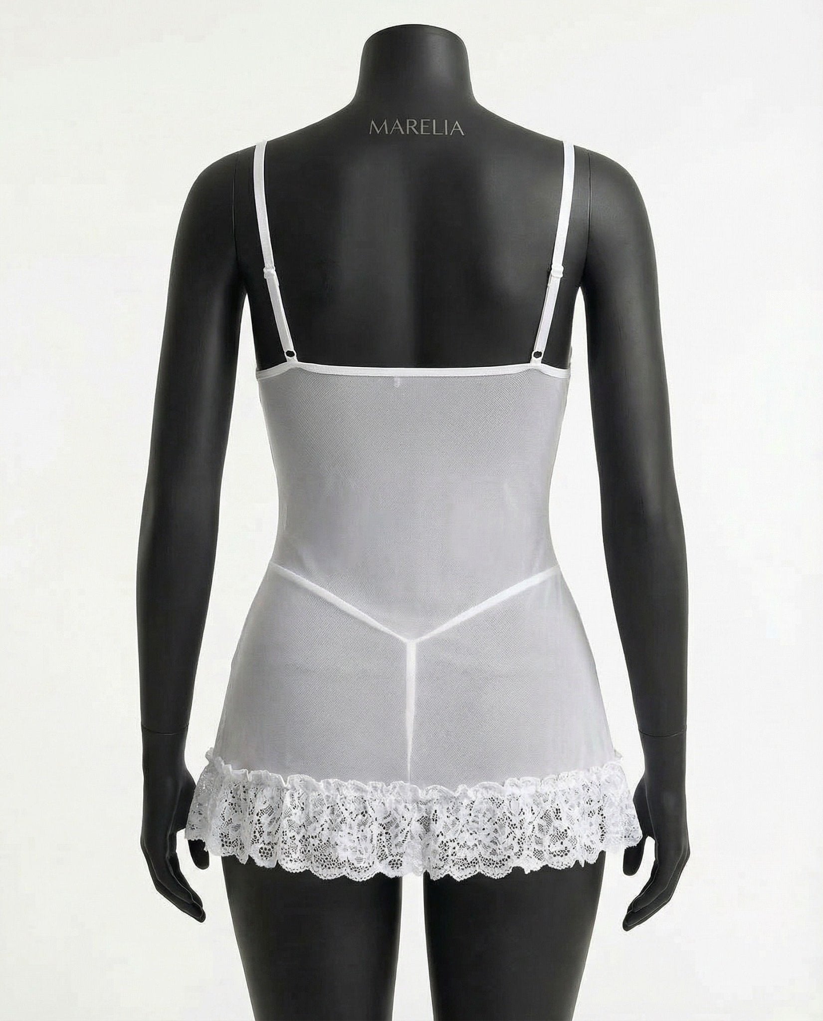 White Sheer Mesh Lace Chemise With G-String - MARELIA
