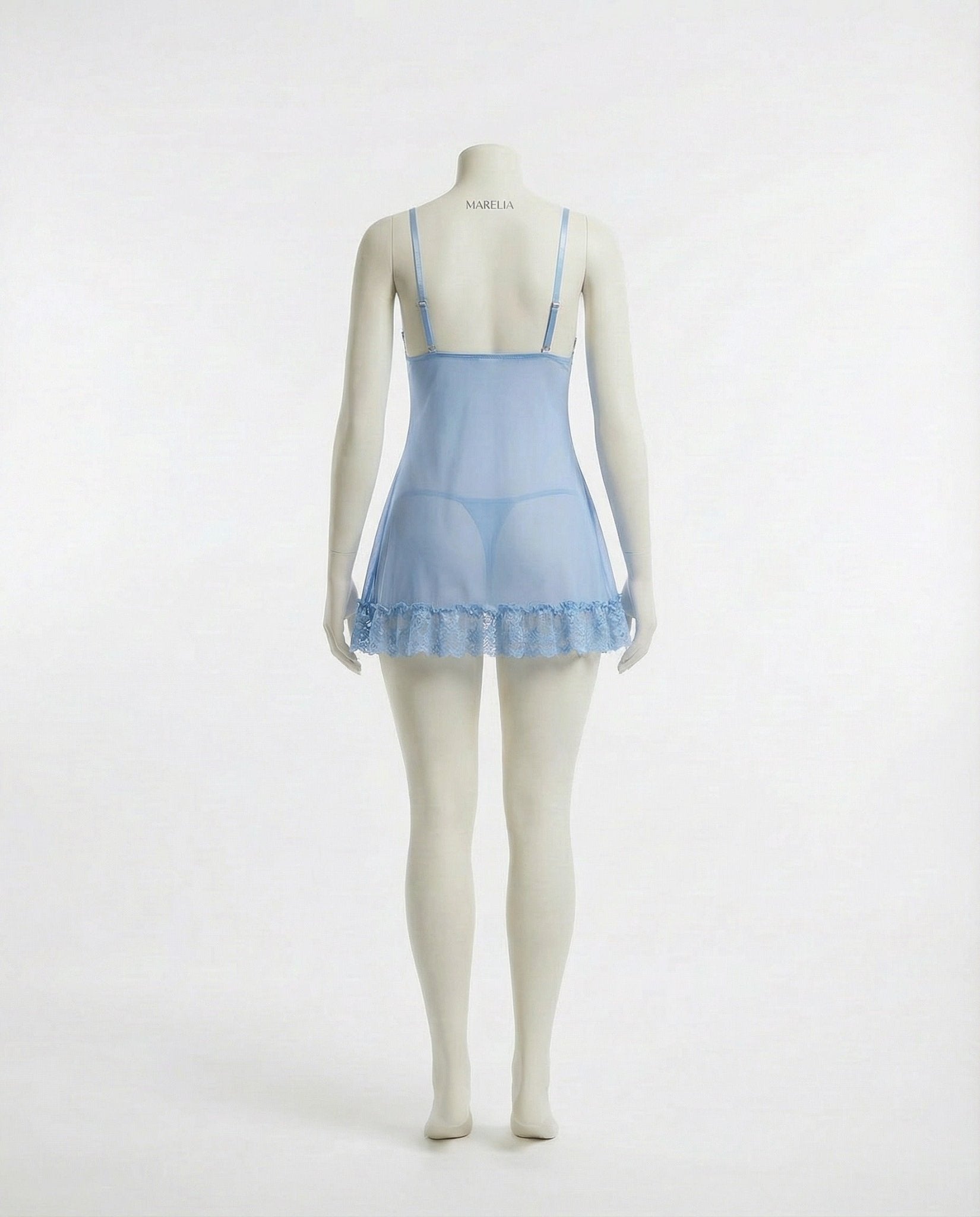 Baby Blue Sheer Mesh Lace Chemise With G-String - MARELIA