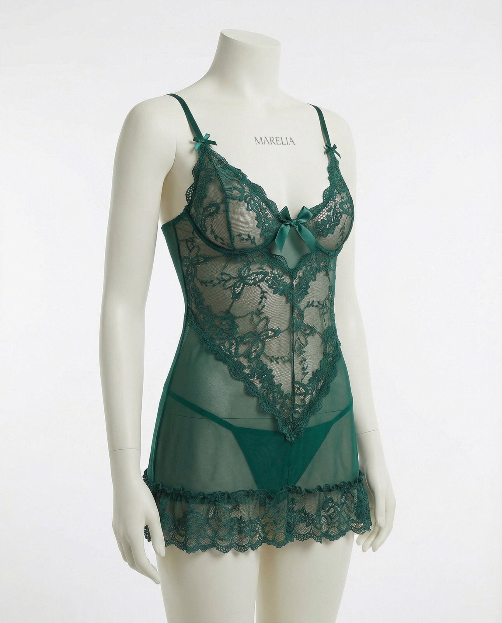 Green Sheer Mesh Lace Chemise With G-String - MARELIA