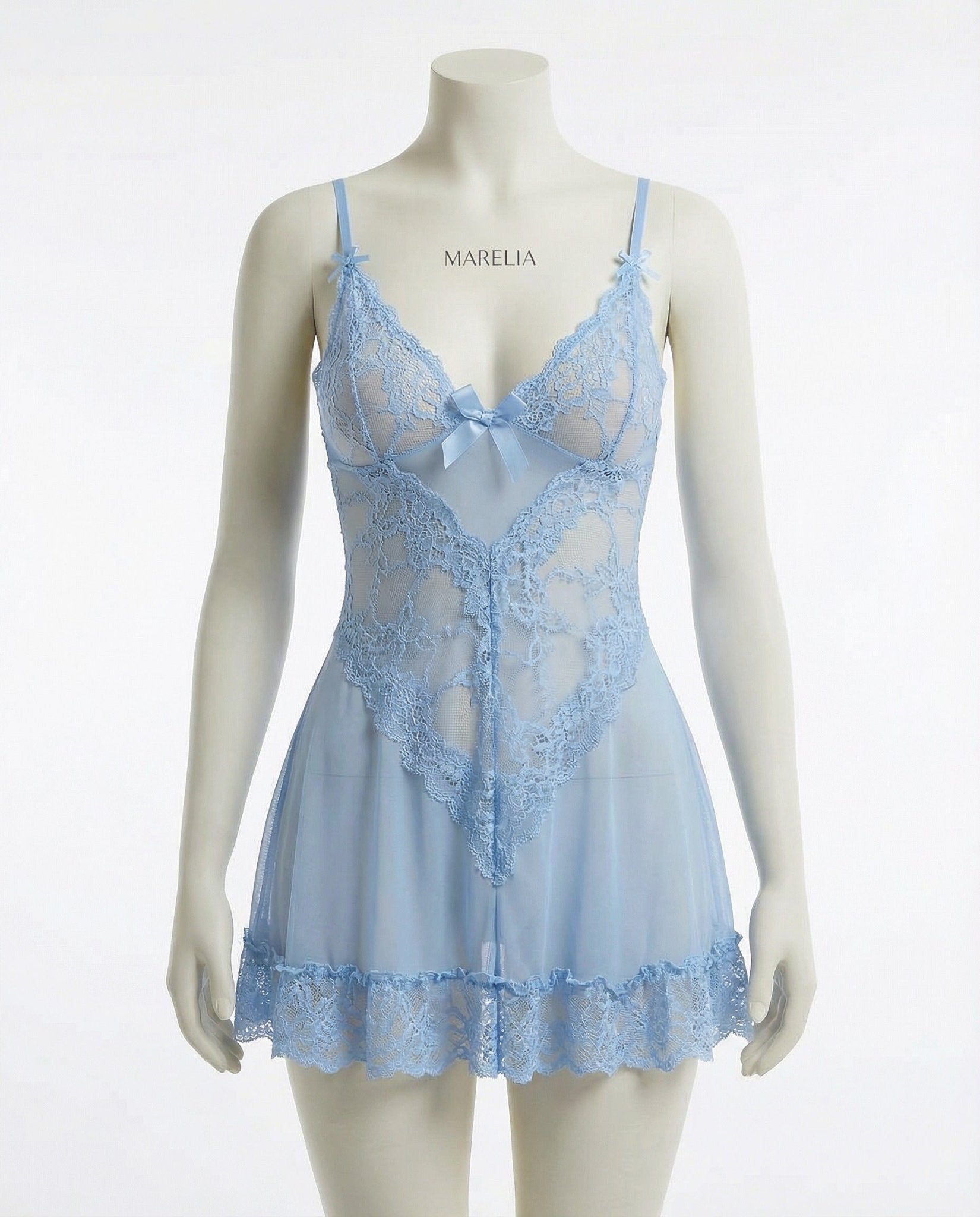 Baby Blue Sheer Mesh Lace Chemise With G-String - MARELIA
