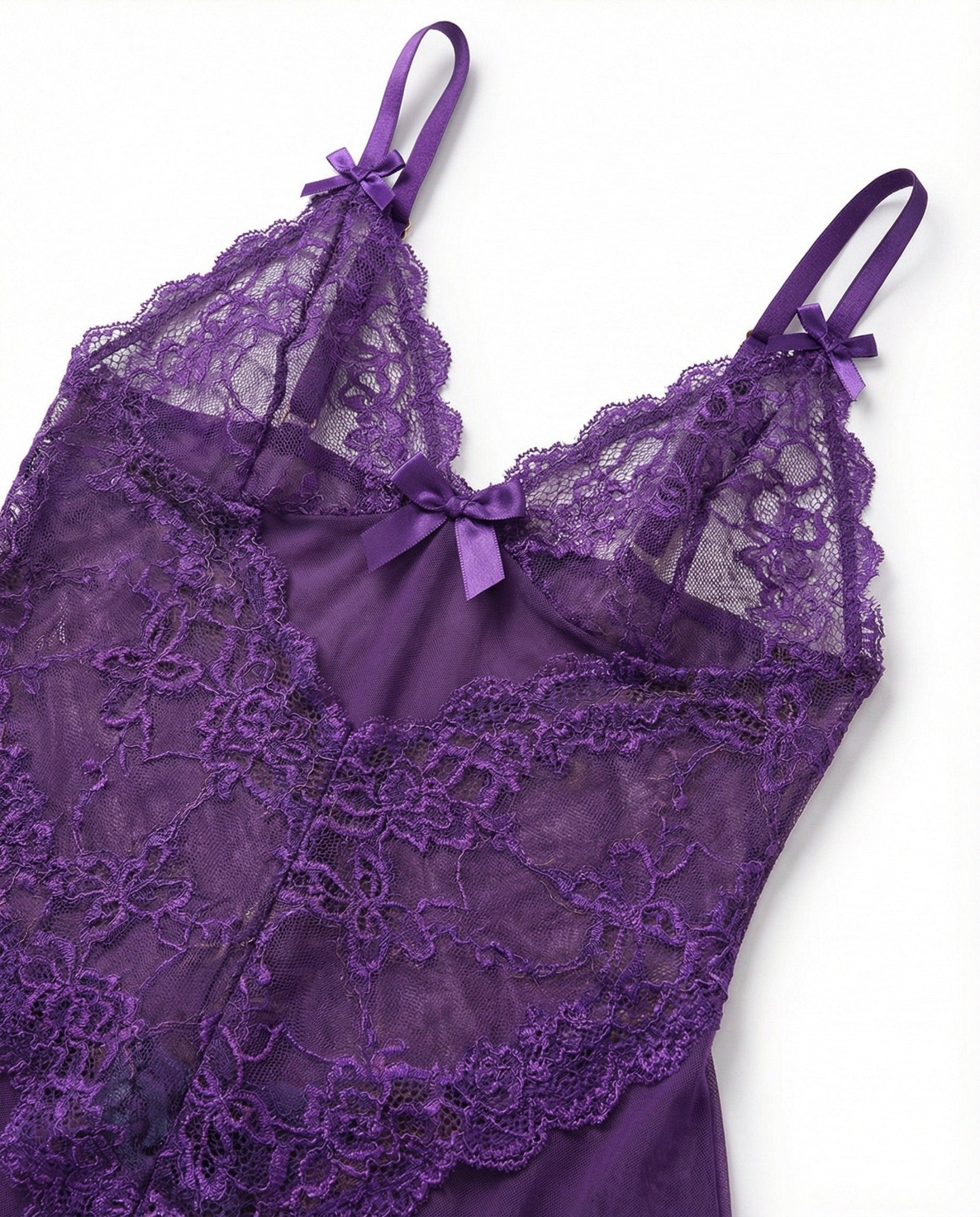 Purple Sheer Mesh Lace Chemise With G-String - MARELIA