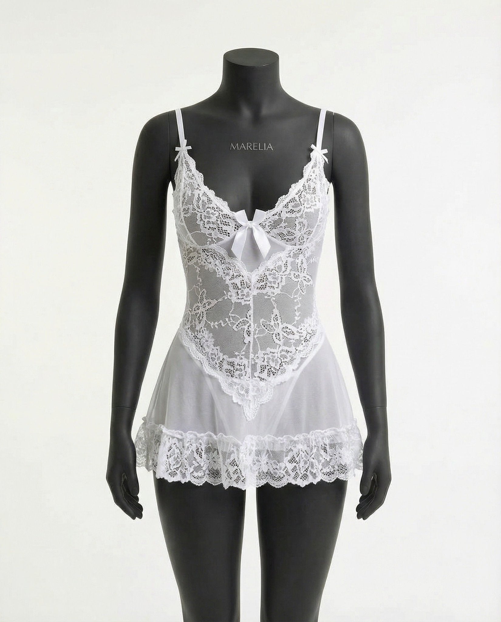 White Sheer Mesh Lace Chemise With G-String - MARELIA