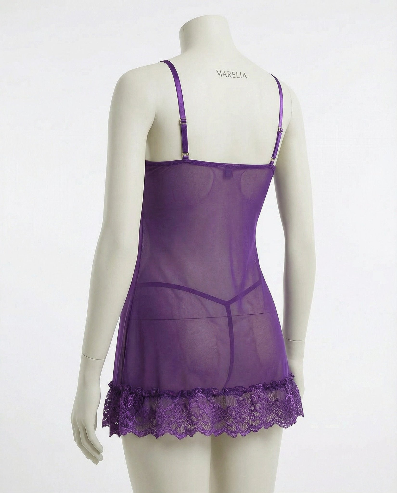 Purple Sheer Mesh Lace Chemise With G-String - MARELIA