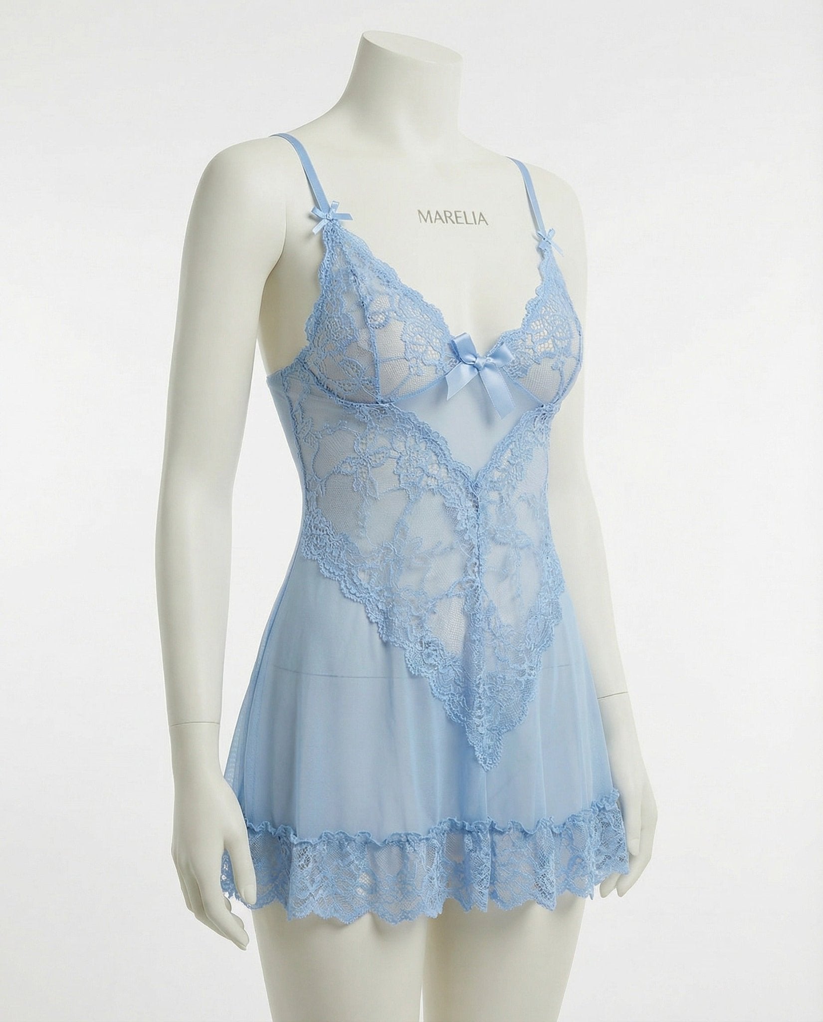 Baby Blue Sheer Mesh Lace Chemise With G-String - MARELIA