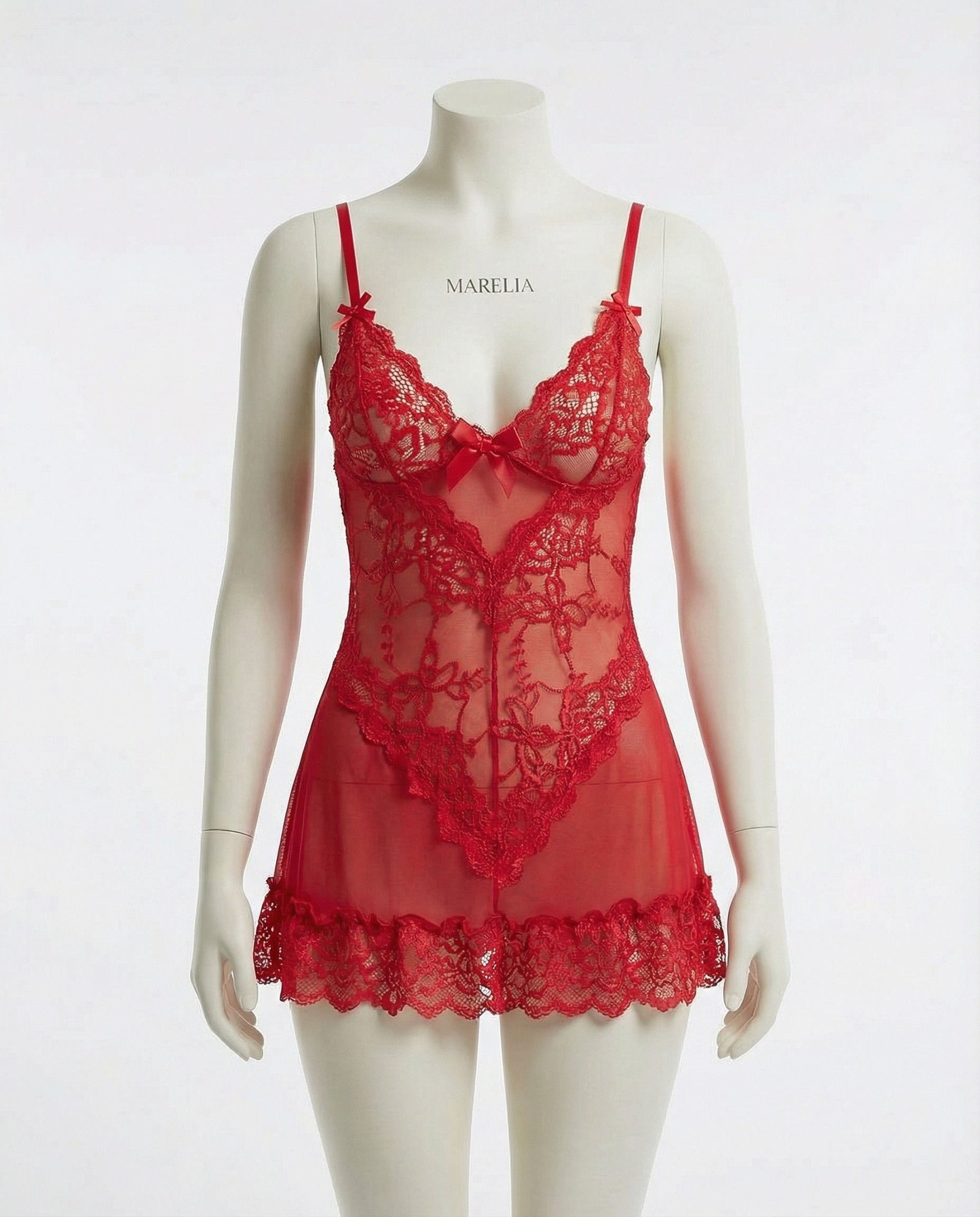 Red Sheer Mesh Lace Chemise With G-String - MARELIA