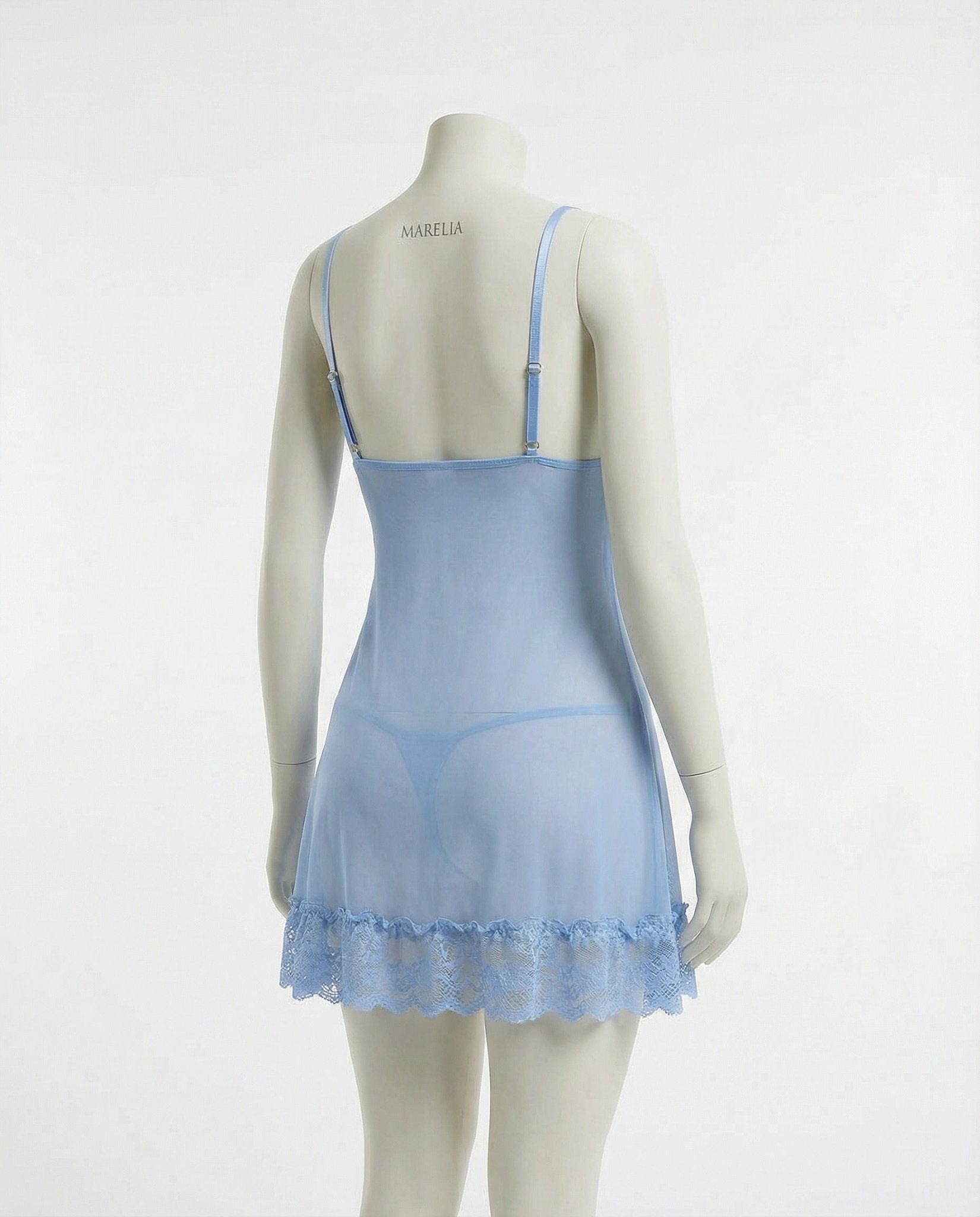 Baby Blue Sheer Mesh Lace Chemise With G-String - MARELIA
