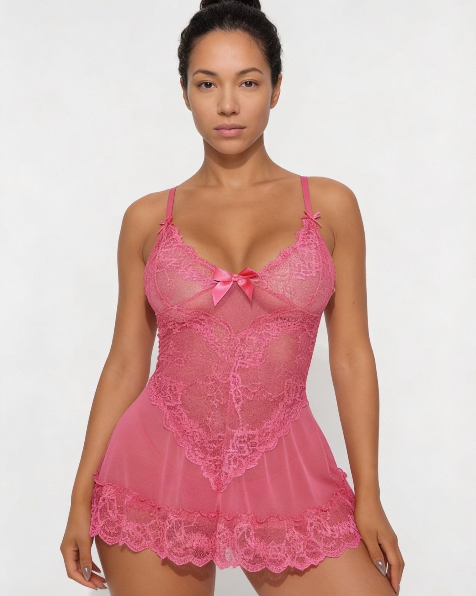 Pink Sheer Mesh Lace Chemise With G-String - MARELIA