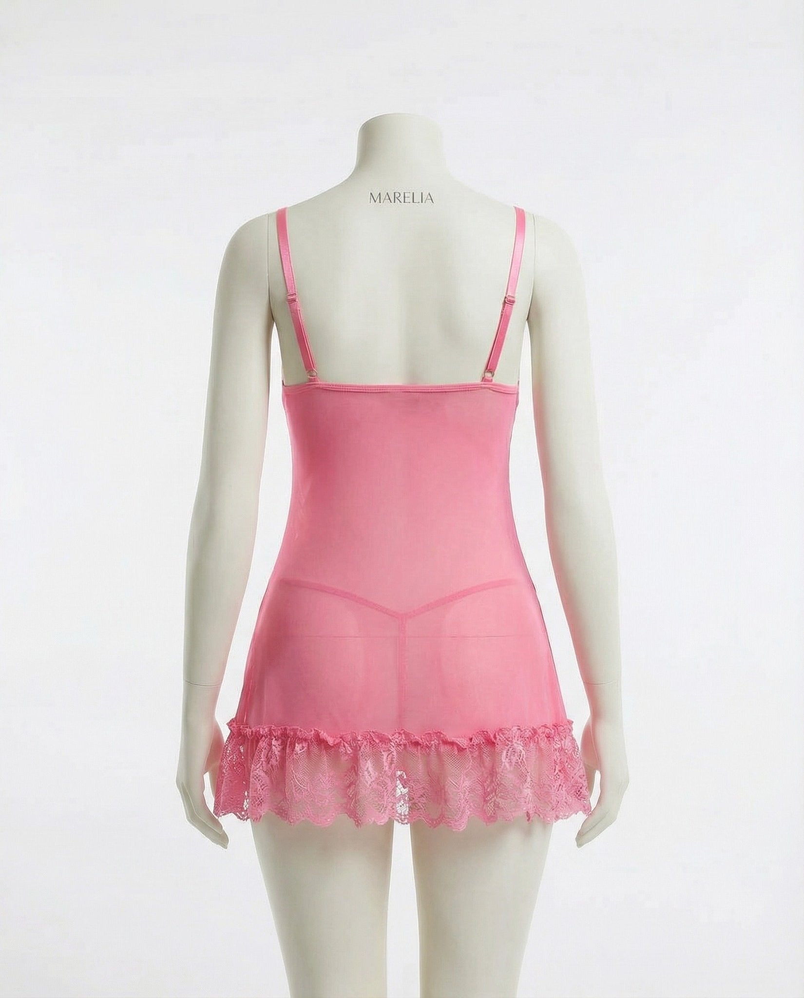 Pink Sheer Mesh Lace Chemise With G-String - MARELIA