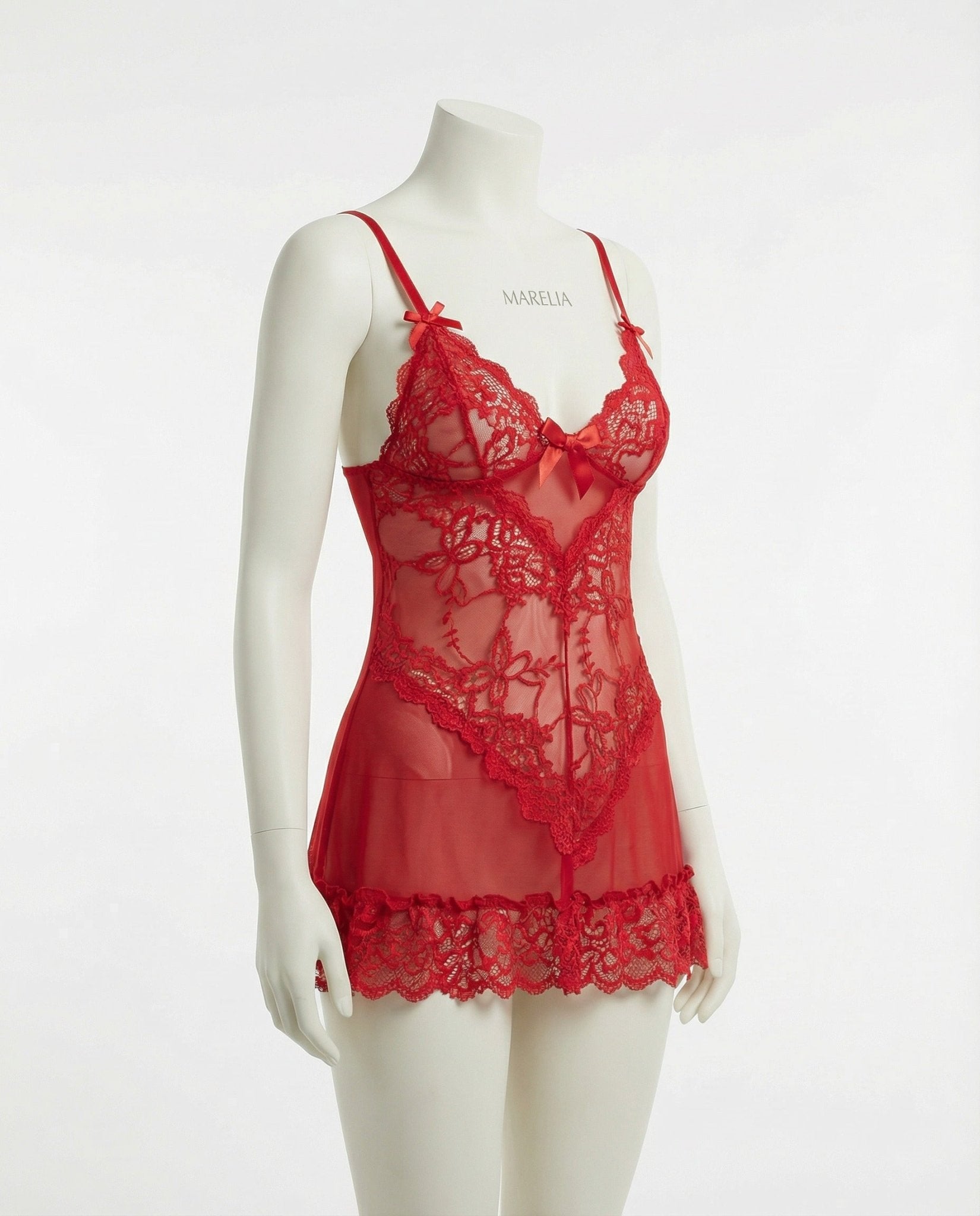 Red Sheer Mesh Lace Chemise With G-String - MARELIA