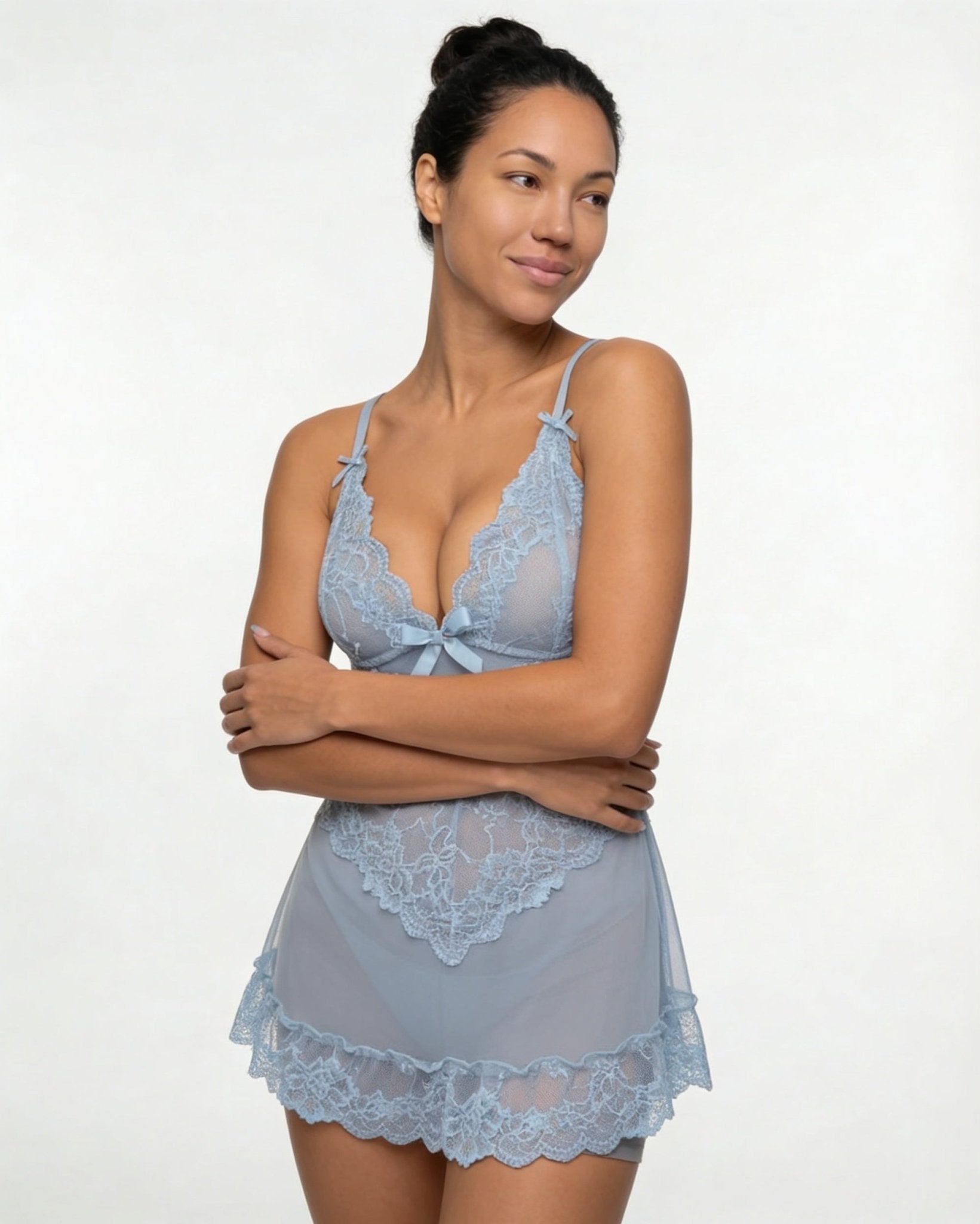 Baby Blue Sheer Mesh Lace Chemise With G-String - MARELIA