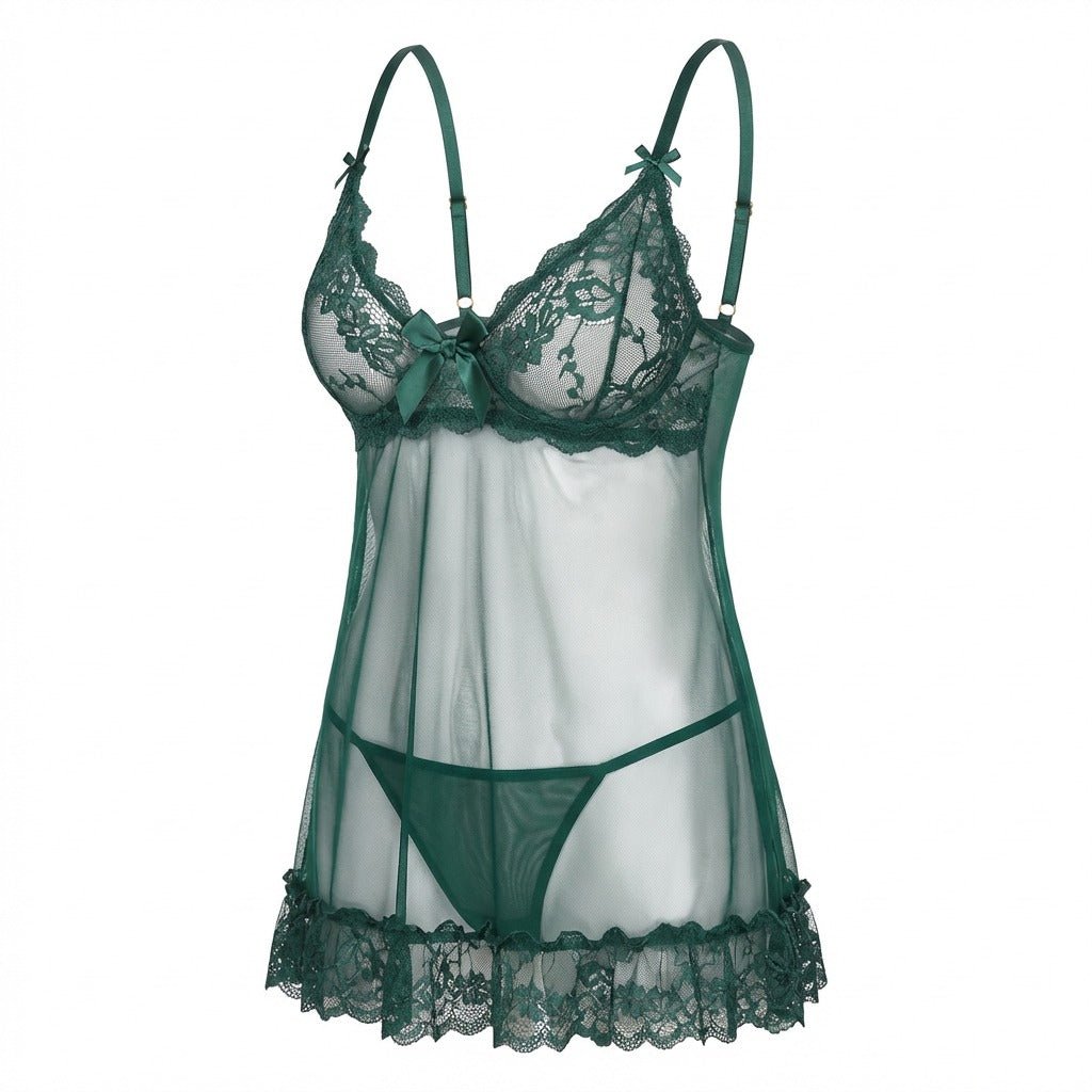 Green Sheer Mesh Lace Chemise With G-String - MARELIA