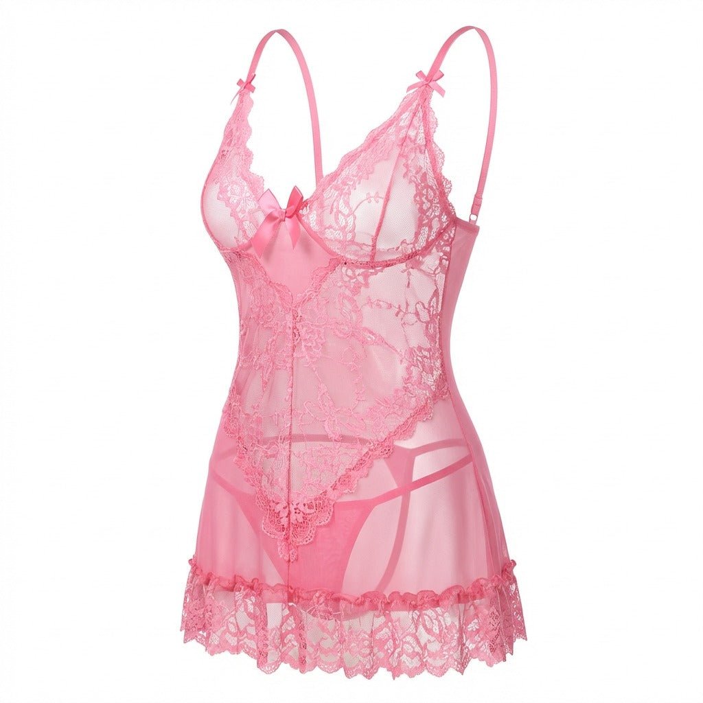 Pink Sheer Mesh Lace Chemise With G-String - MARELIA