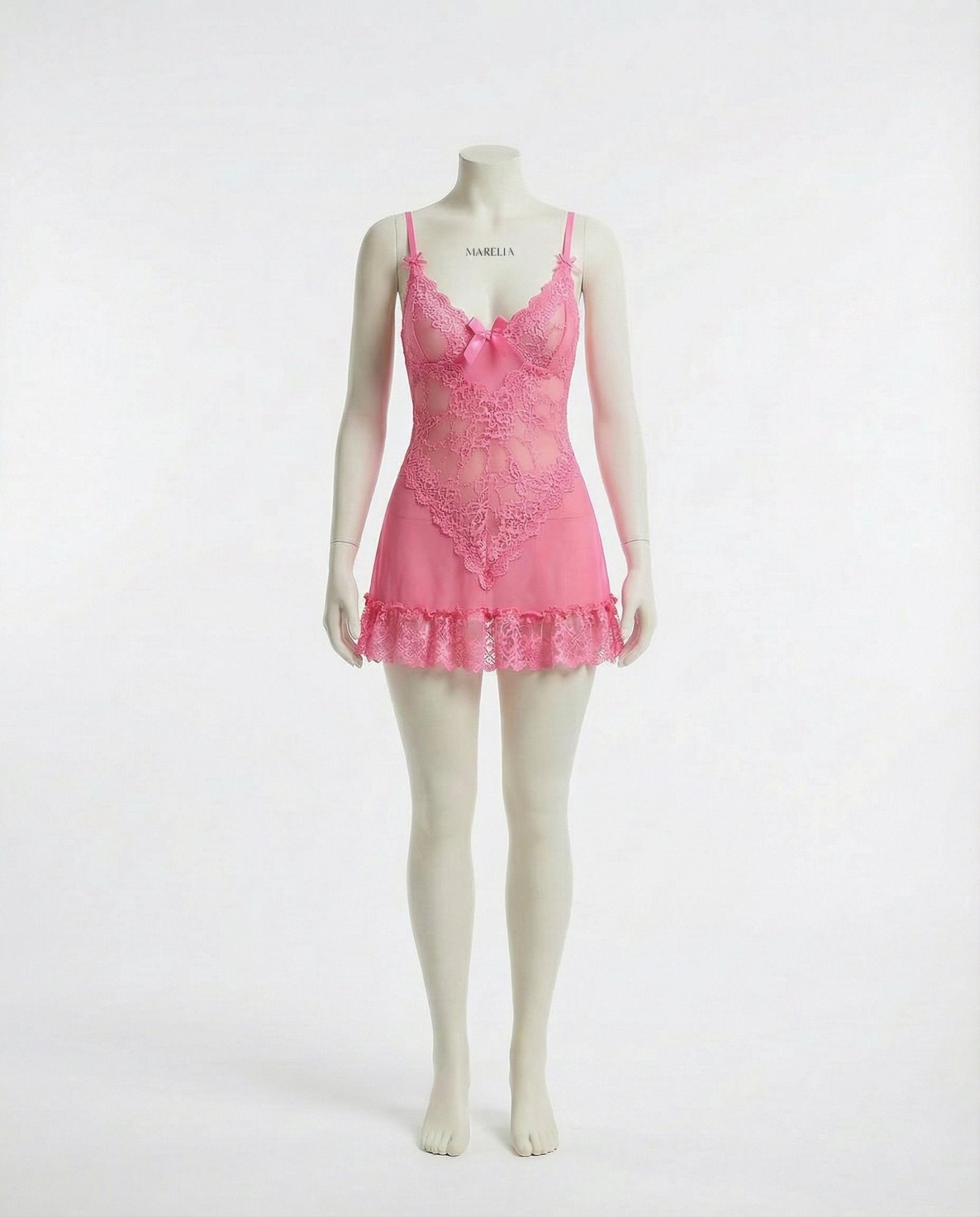 Pink Sheer Mesh Lace Chemise With G-String - MARELIA