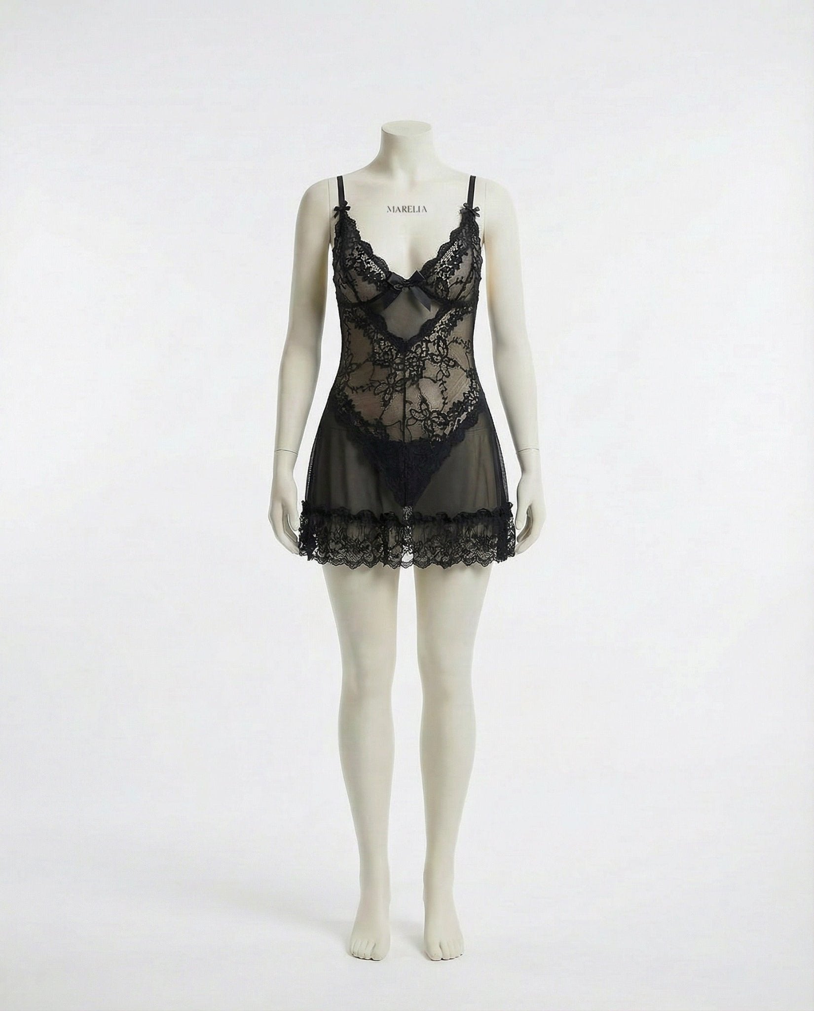 Black Sheer Mesh Lace Chemise With G-String - MARELIA
