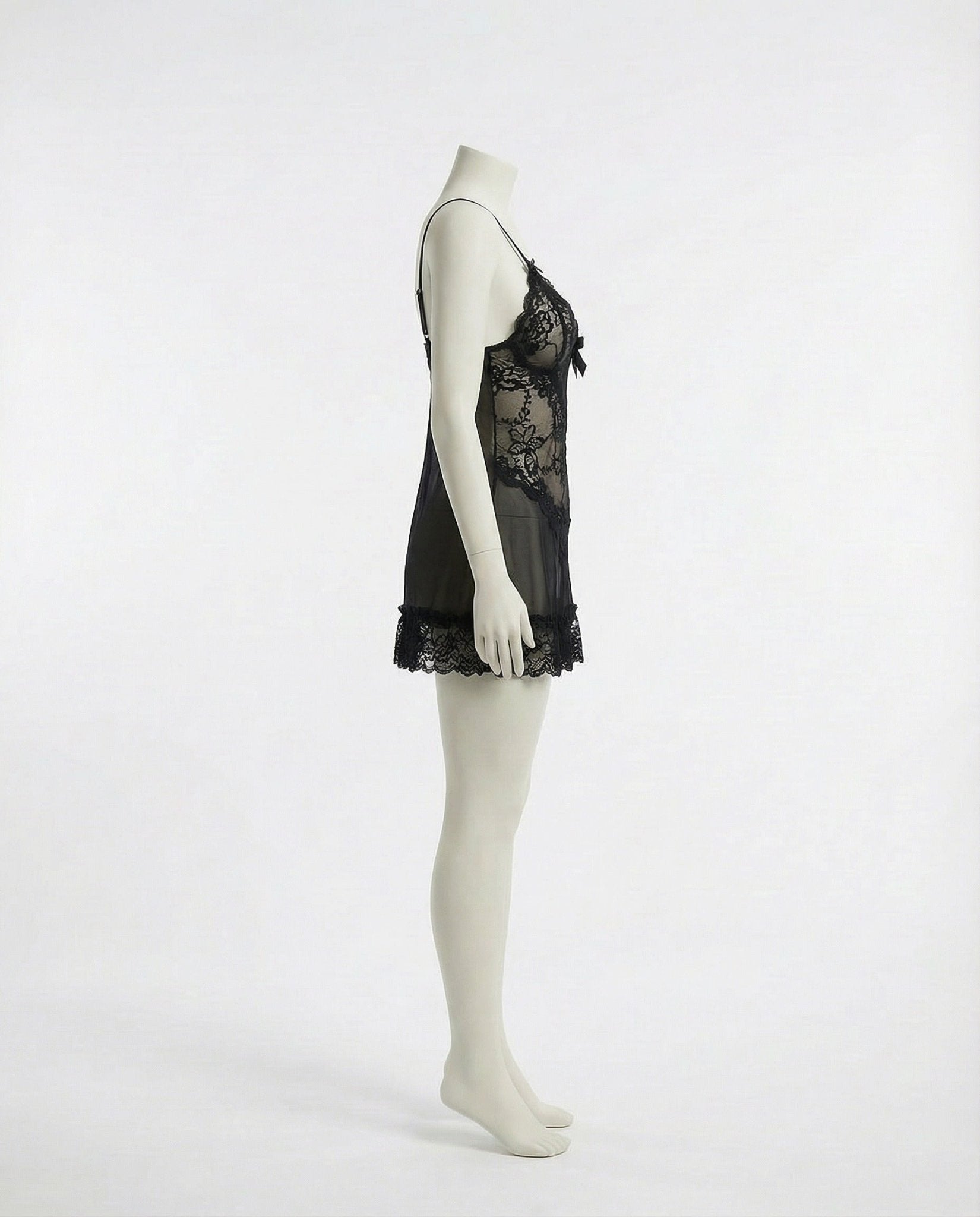 Black Sheer Mesh Lace Chemise With G-String - MARELIA