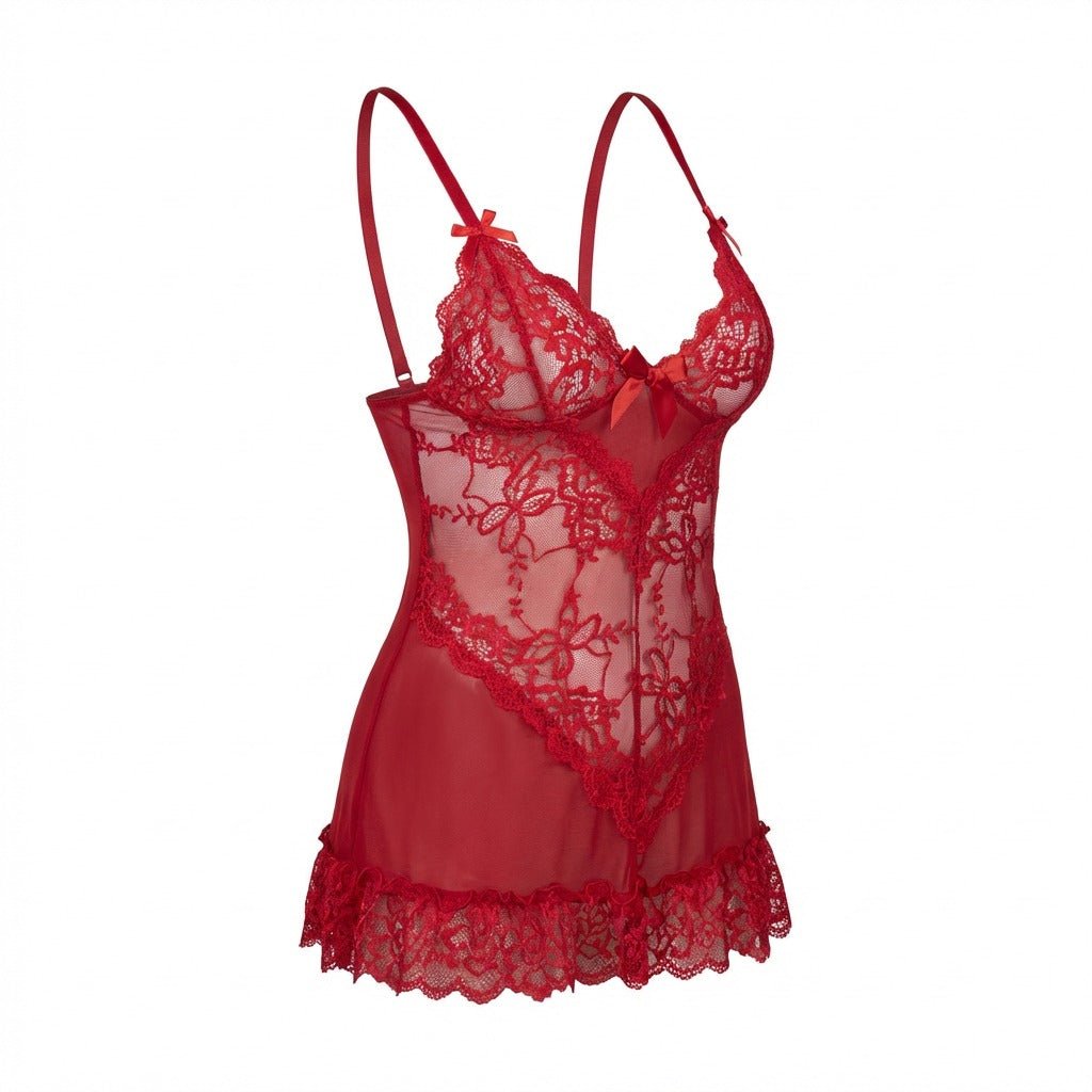 Red Sheer Mesh Lace Chemise With G-String - MARELIA