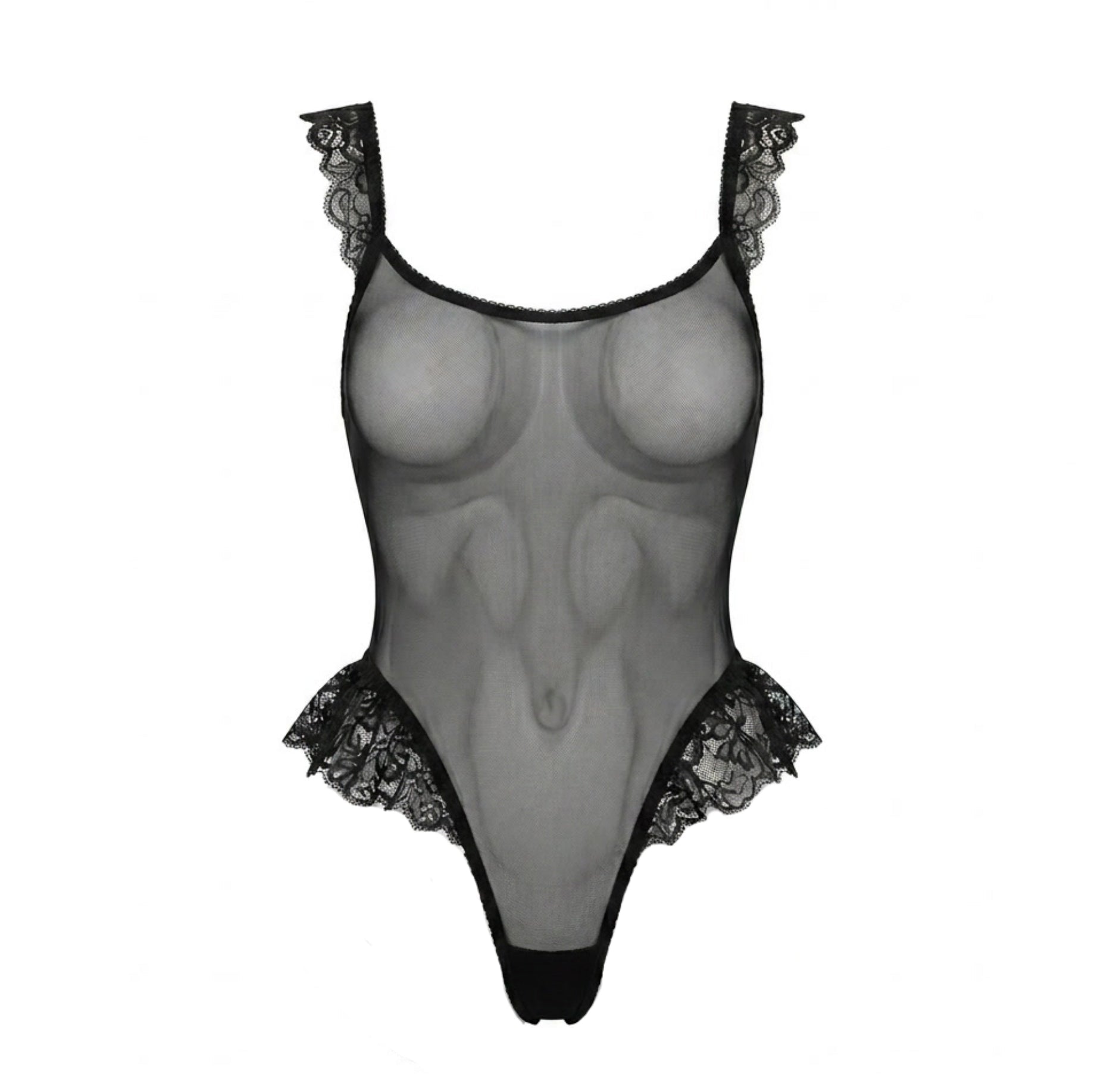 Black Sheer Mesh Lace Trim Underwire Teddy - MARELIA
