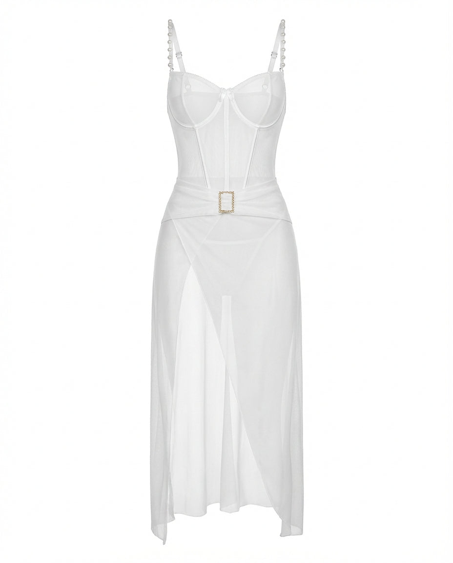 White Sheer Mesh Lingerie Dress And G-String Set - Marelia