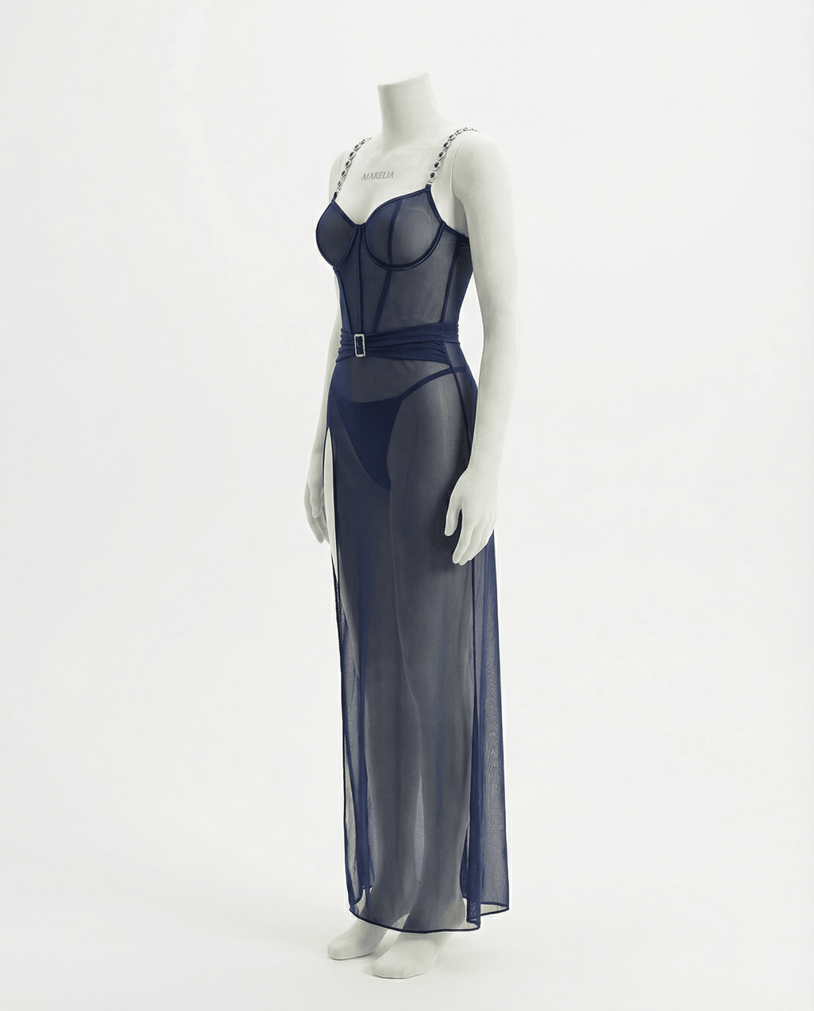 Navy Sheer Mesh Lingerie Dress And G-String Set - Marelia