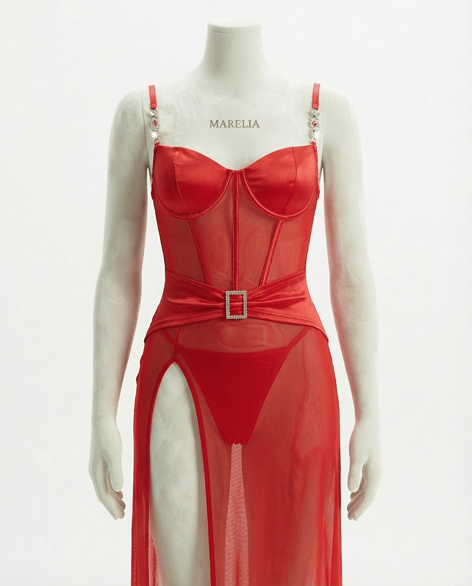 Red Sheer Mesh Lingerie Dress And G-String Set - Marelia